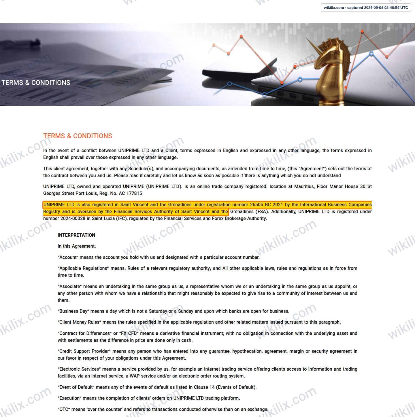 Our full page screenshot of the page this clause sits on, on UNICORN's site unfxb.com, taken on Sep 4, 2026. The quoted words are marked in the image.