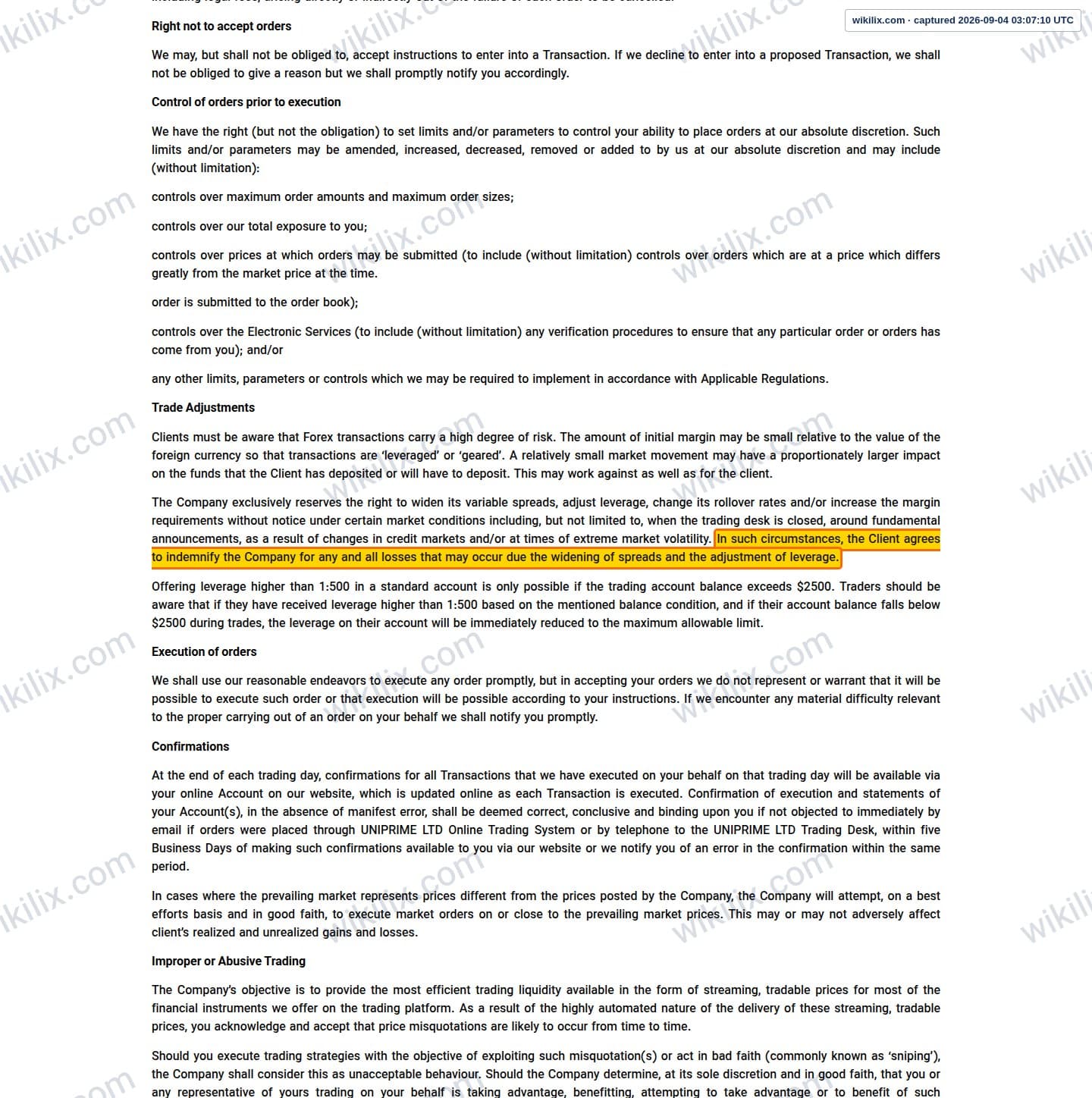 Our full page screenshot of the page this clause sits on, on UNICORN's site unfxb.com, taken on Sep 4, 2026. The quoted words are marked in the image.