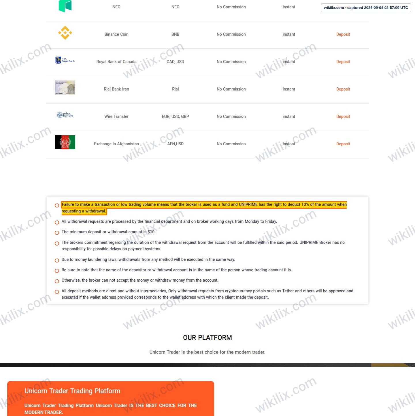 Our full page screenshot of the page that makes this promise, on UNICORN's site unfxb.com, taken on Sep 4, 2026. The quoted words are marked in the image.
