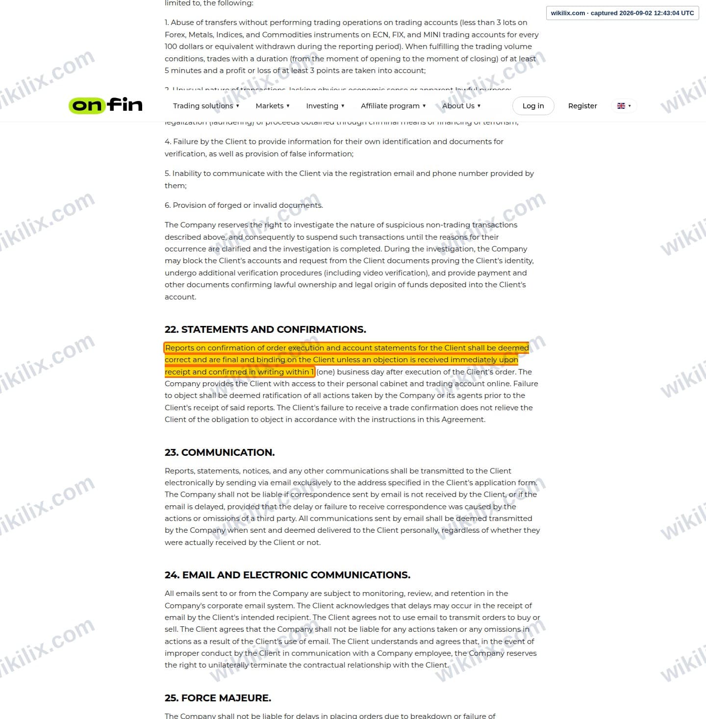Our full page screenshot of the page this clause sits on, on OnFin's site onfin.io, taken on Sep 2, 2026. The quoted words are marked in the image.