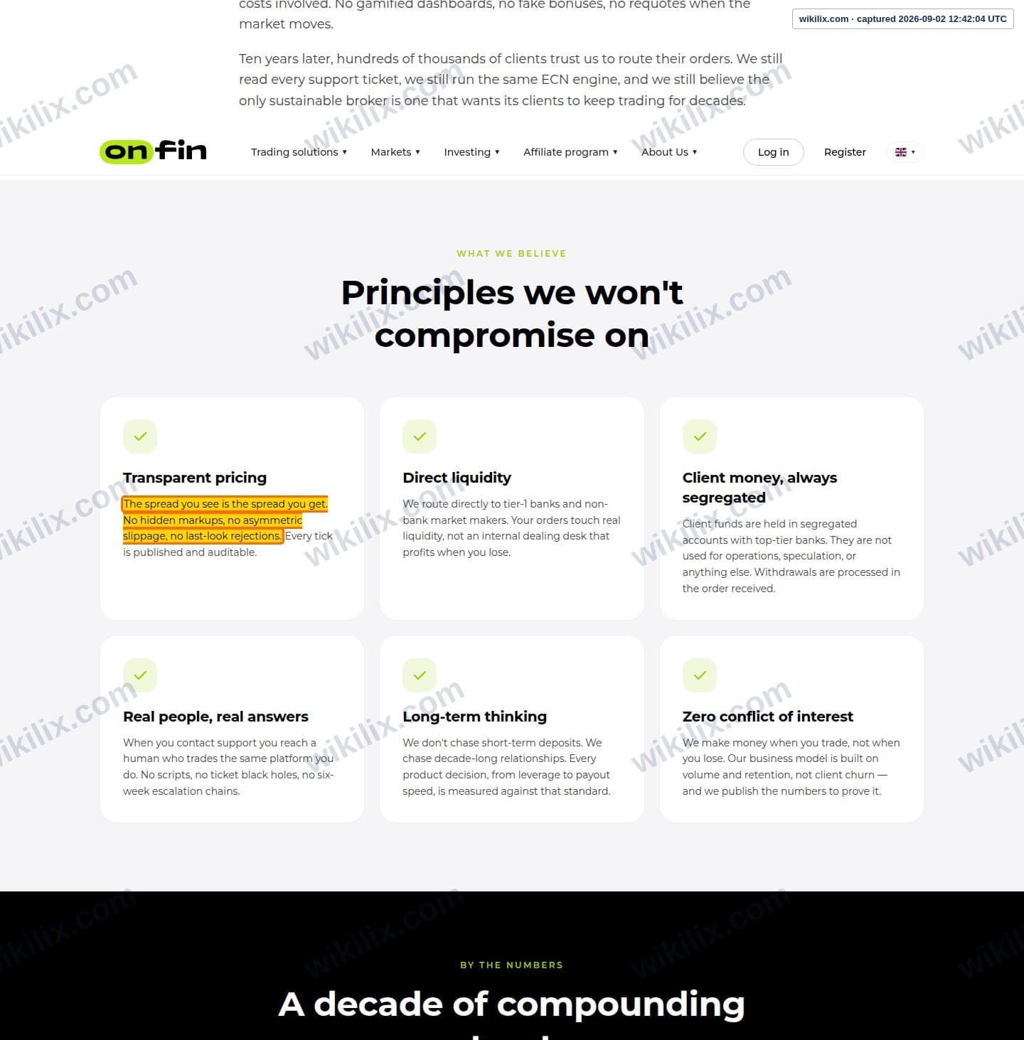 Our full page screenshot of the page that makes this promise, on OnFin's site onfin.io, taken on Sep 2, 2026. The quoted words are marked in the image.