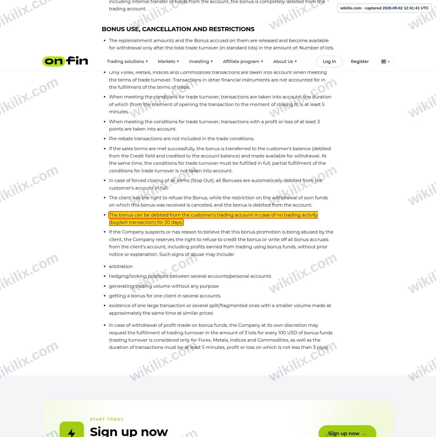 Our full page screenshot of the page this clause sits on, on OnFin's site onfin.io, taken on Sep 2, 2026. The quoted words are marked in the image.