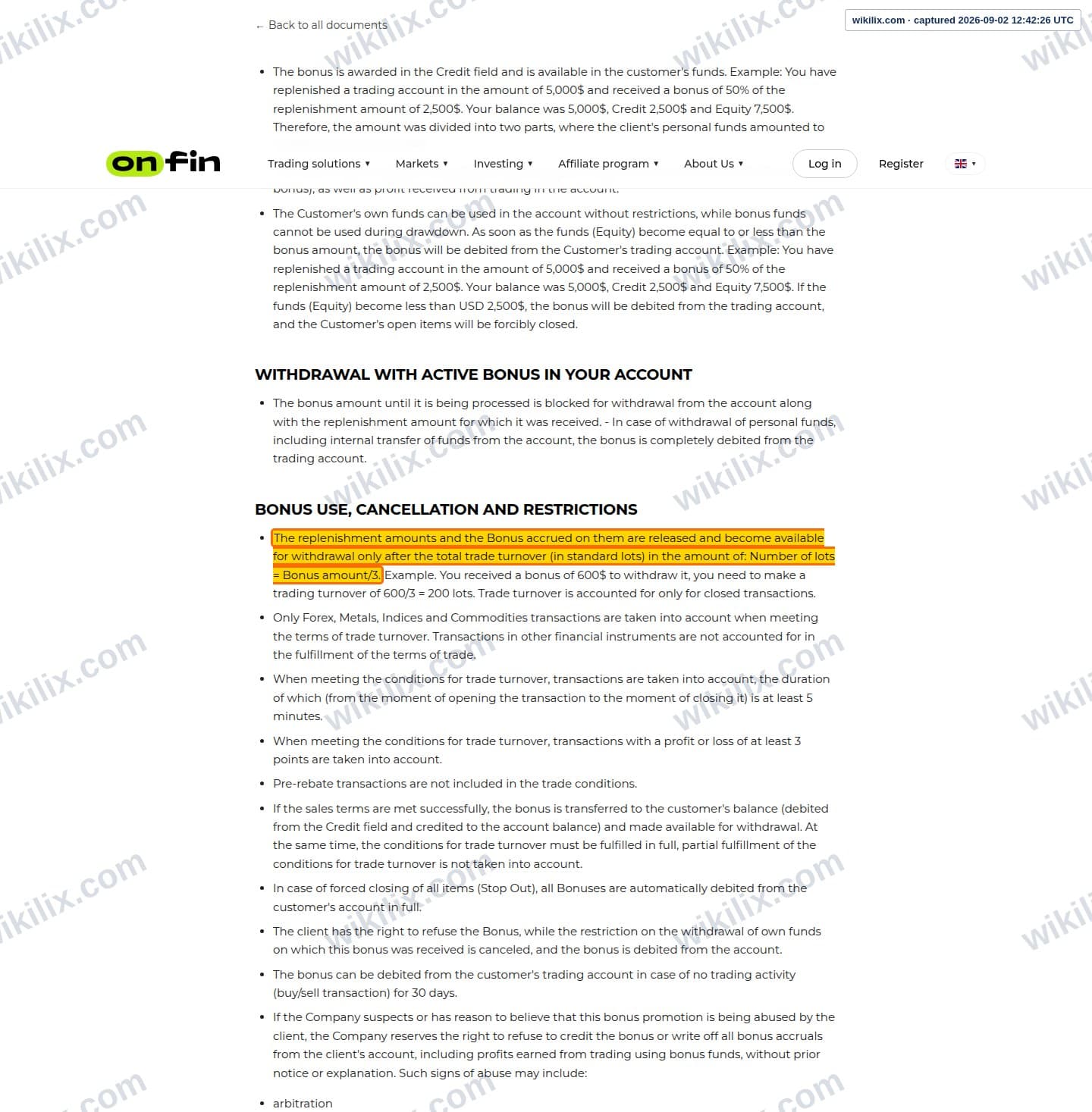 Our full page screenshot of the page this clause sits on, on OnFin's site onfin.io, taken on Sep 2, 2026. The quoted words are marked in the image.