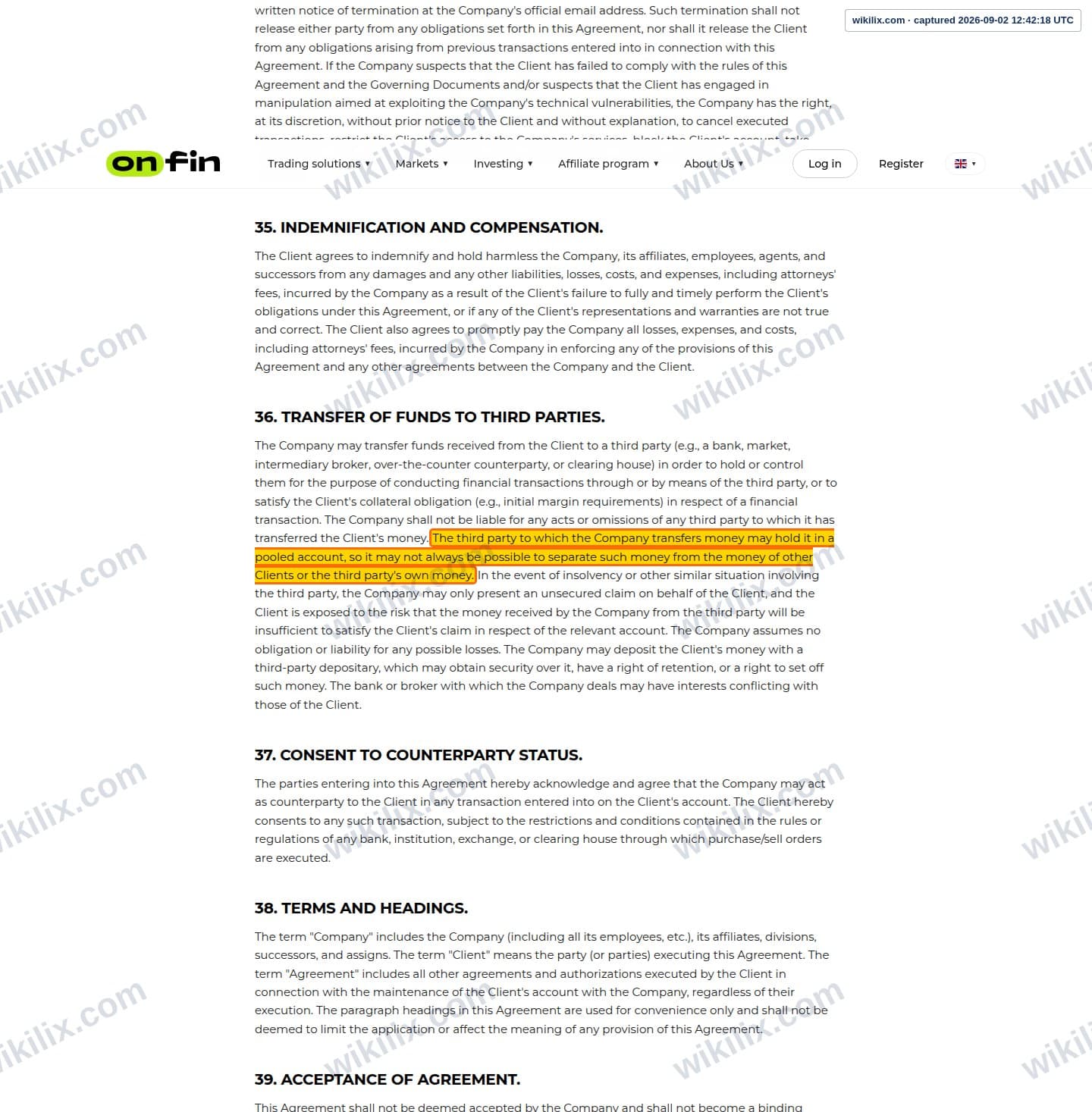 Our full page screenshot of the page this clause sits on, on OnFin's site onfin.io, taken on Sep 2, 2026. The quoted words are marked in the image.