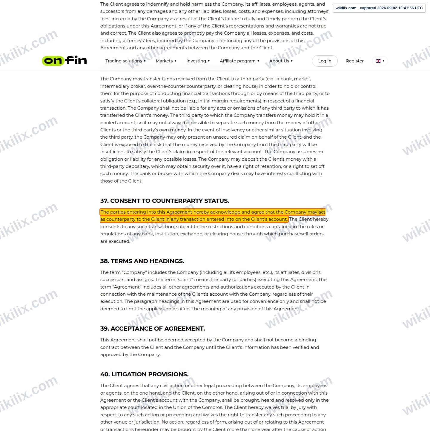 Our full page screenshot of the page this clause sits on, on OnFin's site onfin.io, taken on Sep 2, 2026. The quoted words are marked in the image.