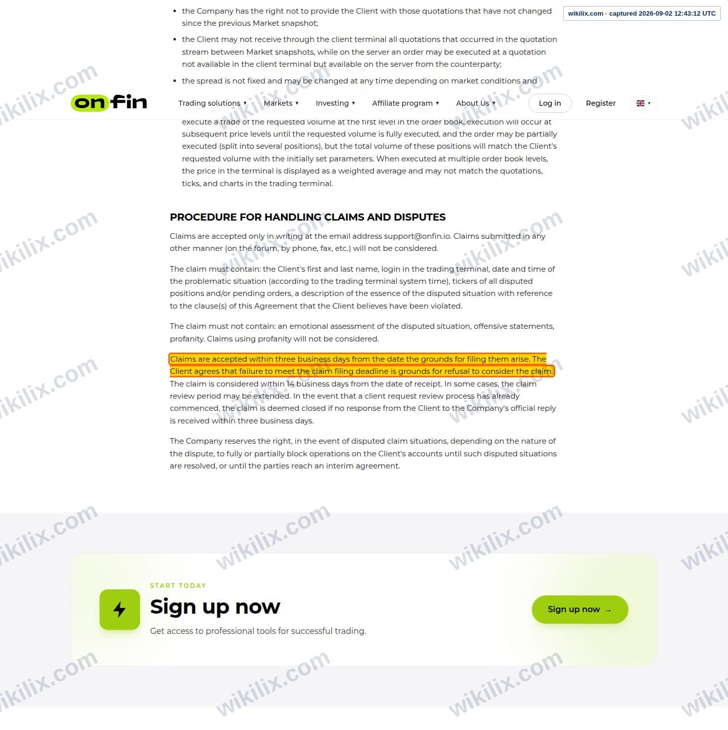 Our full page screenshot of the page this clause sits on, on OnFin's site onfin.io, taken on Sep 2, 2026. The quoted words are marked in the image.