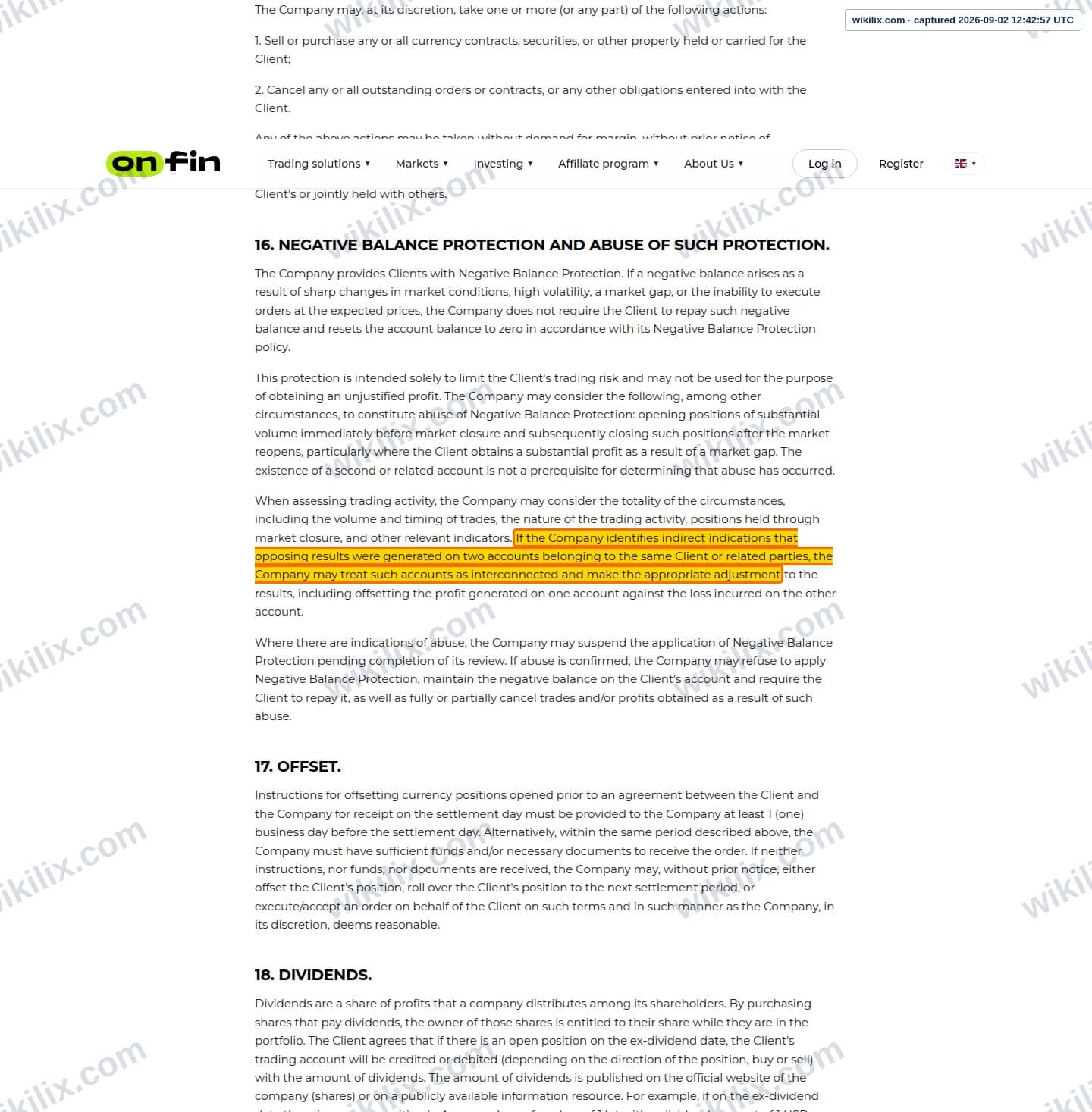 Our full page screenshot of the page this clause sits on, on OnFin's site onfin.io, taken on Sep 2, 2026. The quoted words are marked in the image.