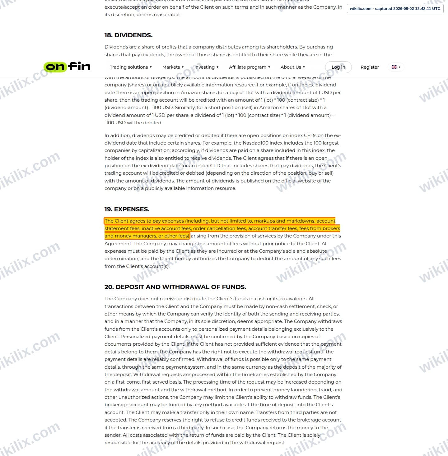 Our full page screenshot of the page this clause sits on, on OnFin's site onfin.io, taken on Sep 2, 2026. The quoted words are marked in the image.