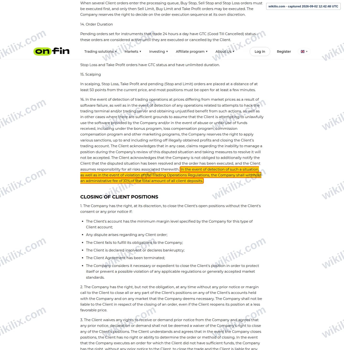 Our full page screenshot of the page this clause sits on, on OnFin's site onfin.io, taken on Sep 2, 2026. The quoted words are marked in the image.