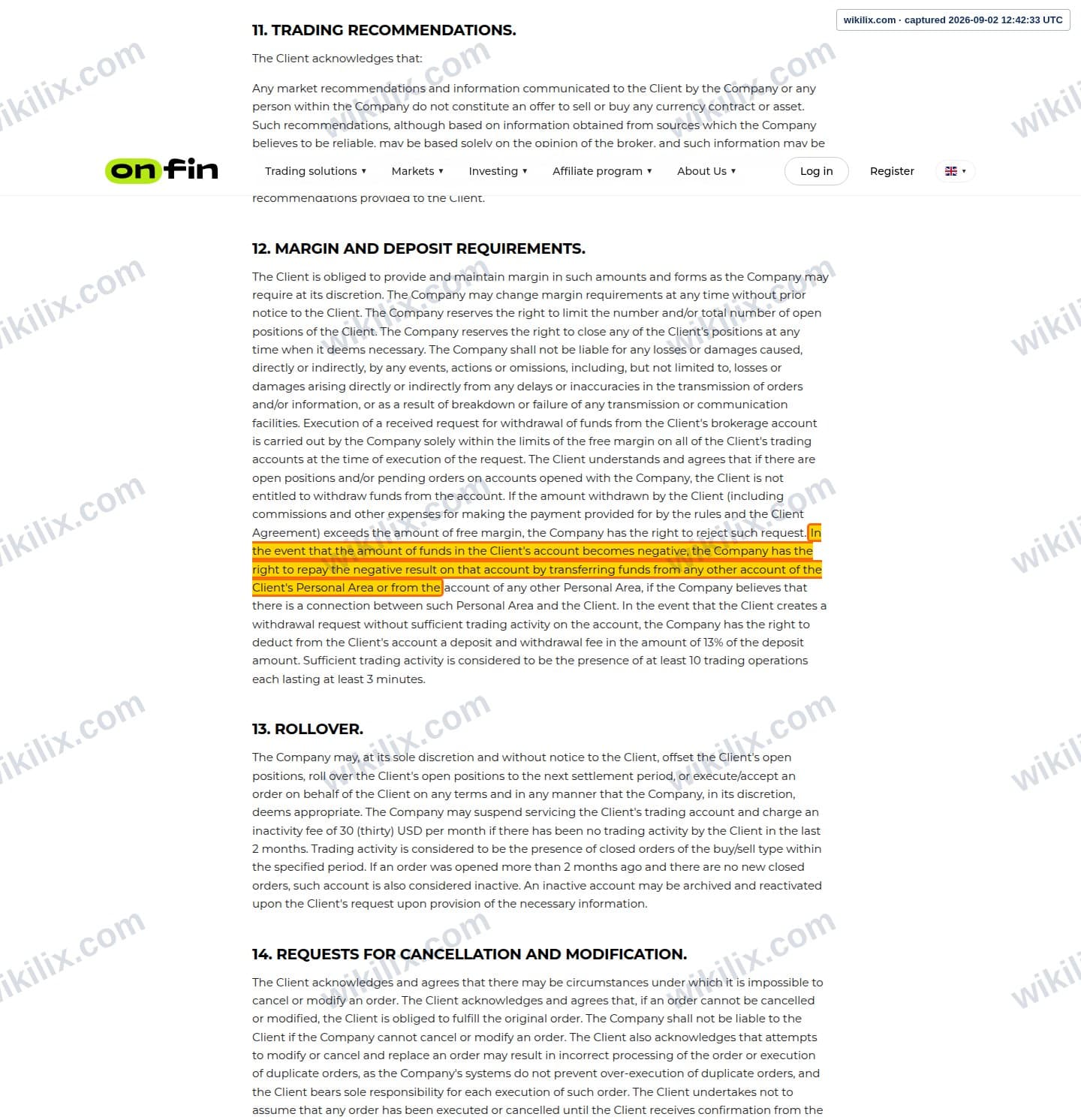 Our full page screenshot of the page this clause sits on, on OnFin's site onfin.io, taken on Sep 2, 2026. The quoted words are marked in the image.