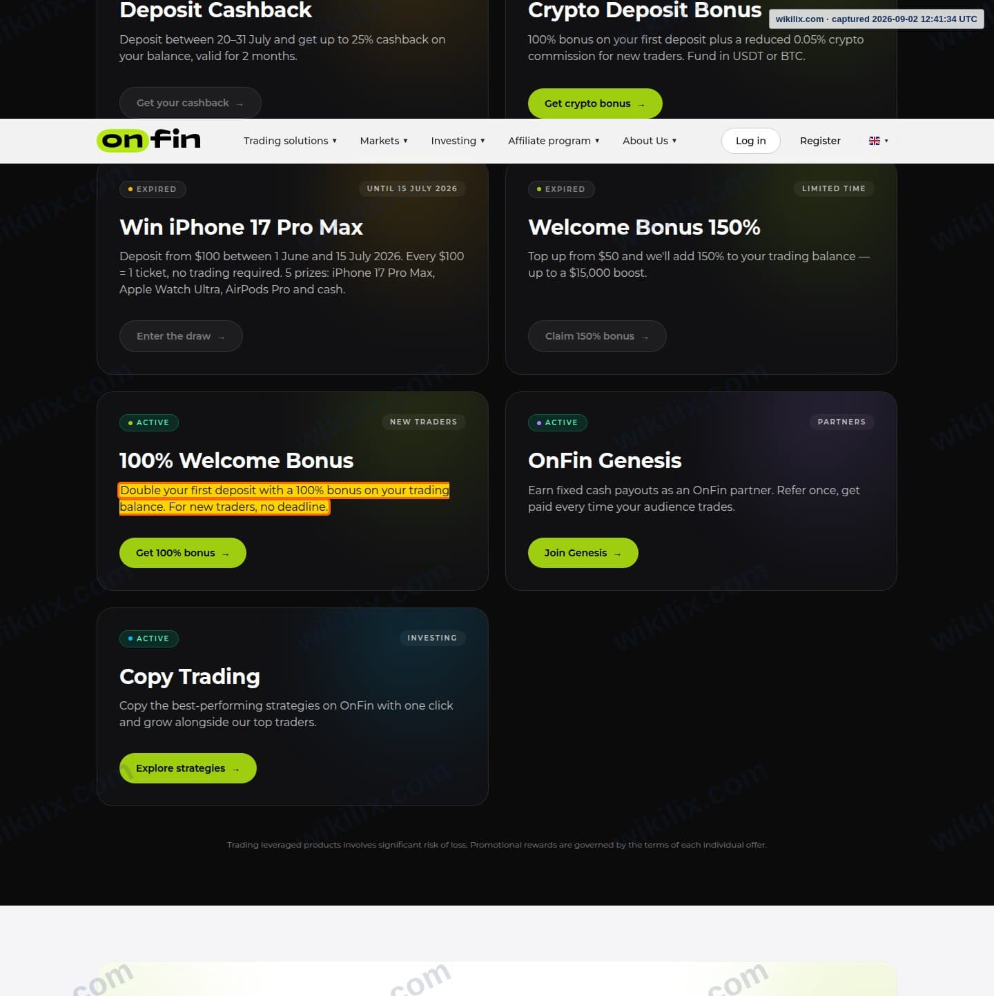 Our full page screenshot of the page that makes this promise, on OnFin's site onfin.io, taken on Sep 2, 2026. The quoted words are marked in the image.