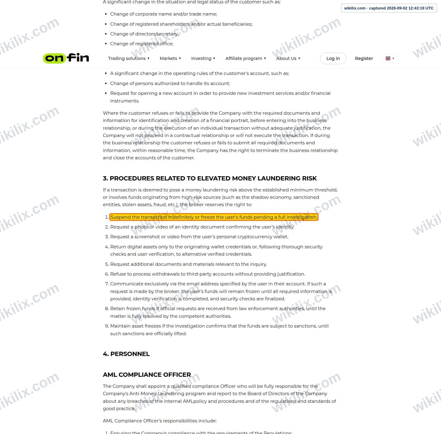 Our full page screenshot of the page this clause sits on, on OnFin's site onfin.io, taken on Sep 2, 2026. The quoted words are marked in the image.