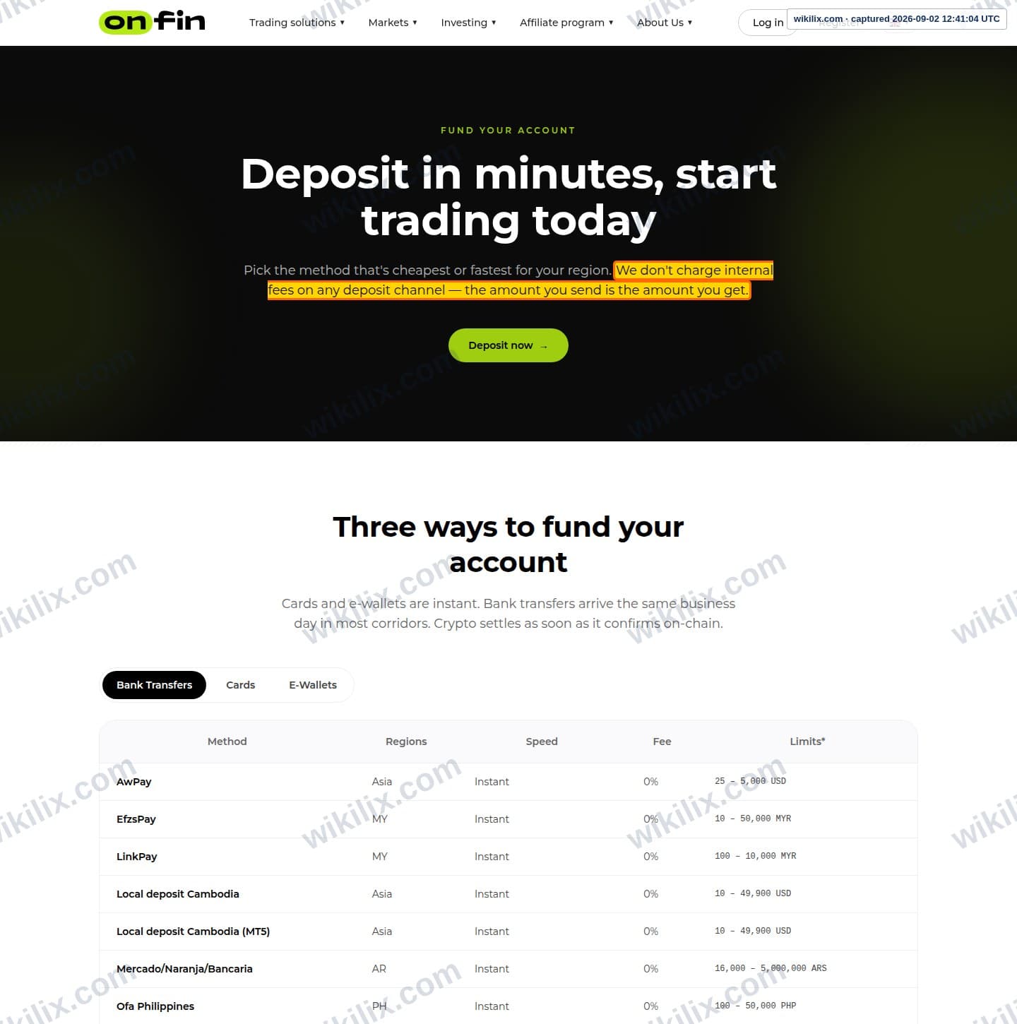 Our full page screenshot of the page that makes this promise, on OnFin's site onfin.io, taken on Sep 2, 2026. The quoted words are marked in the image.