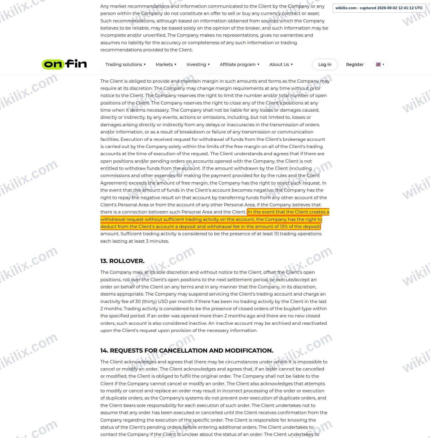Our full page screenshot of the page this clause sits on, on OnFin's site onfin.io, taken on Sep 2, 2026. The quoted words are marked in the image.