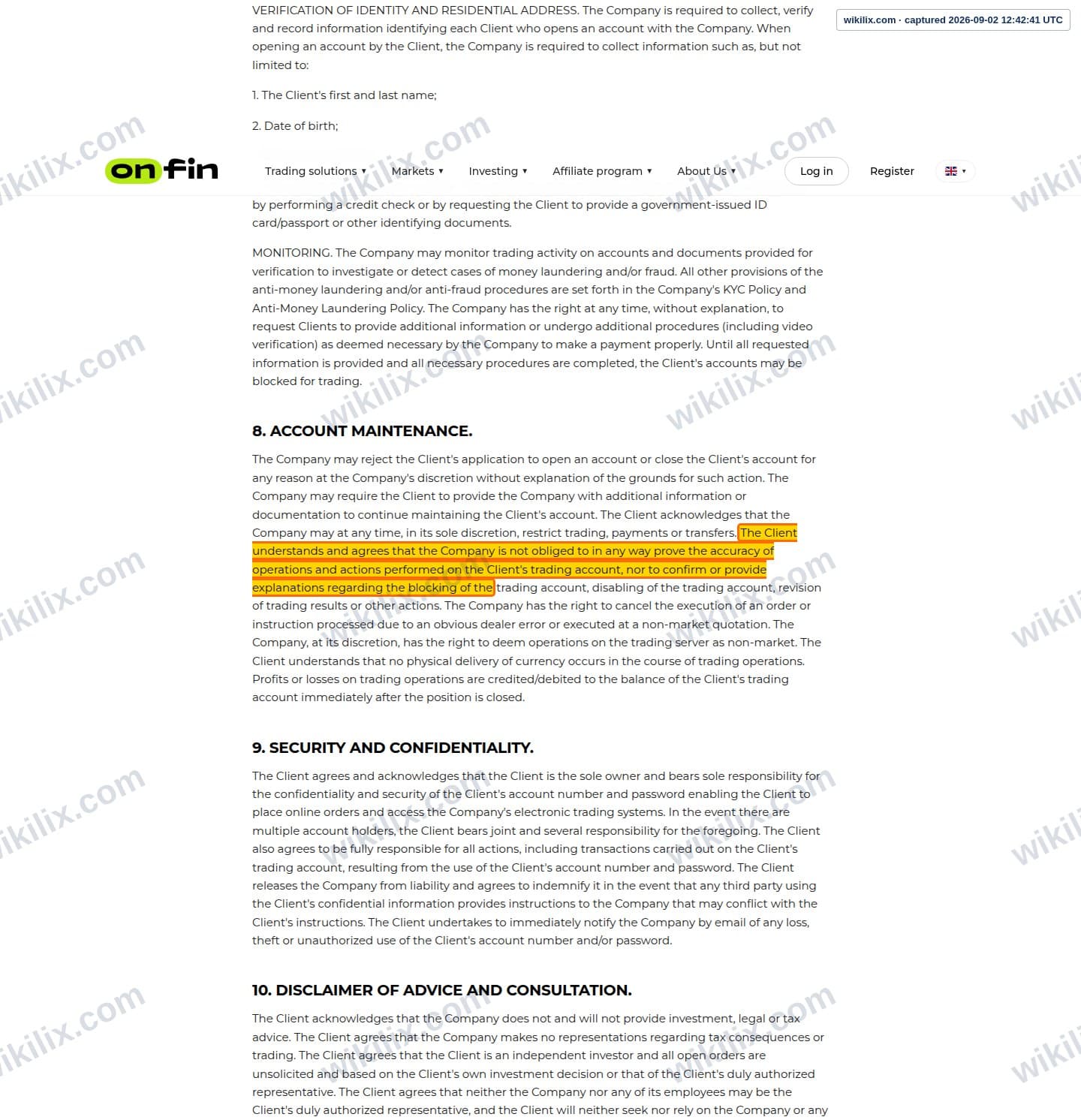 Our full page screenshot of the page this clause sits on, on OnFin's site onfin.io, taken on Sep 2, 2026. The quoted words are marked in the image.