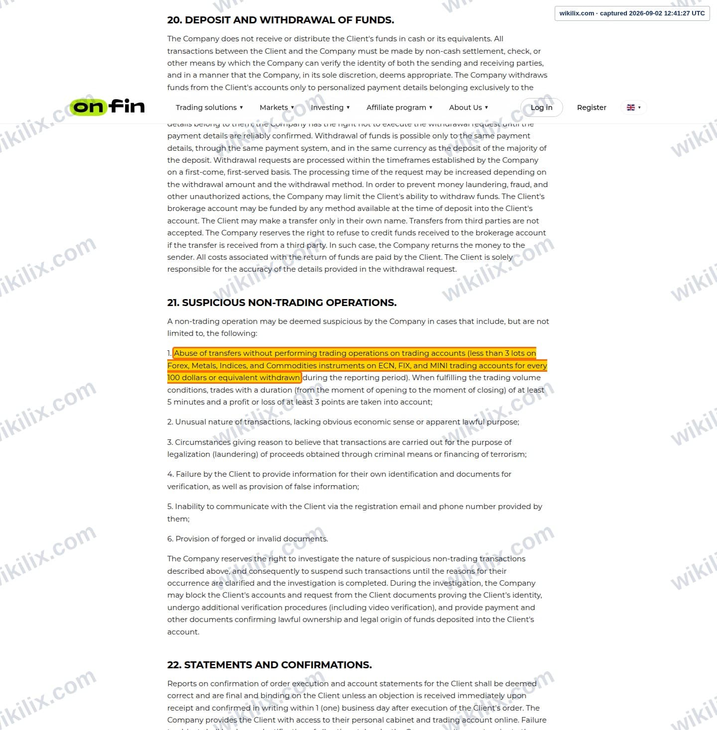 Our full page screenshot of the page this clause sits on, on OnFin's site onfin.io, taken on Sep 2, 2026. The quoted words are marked in the image.