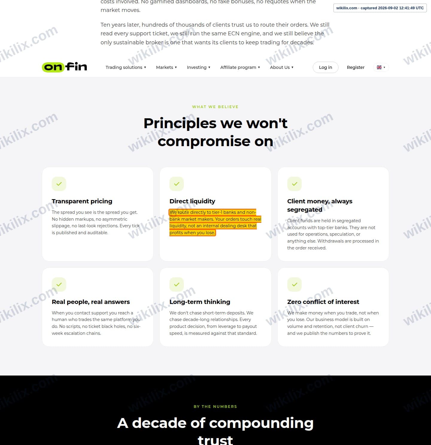 Our full page screenshot of the page that makes this promise, on OnFin's site onfin.io, taken on Sep 2, 2026. The quoted words are marked in the image.