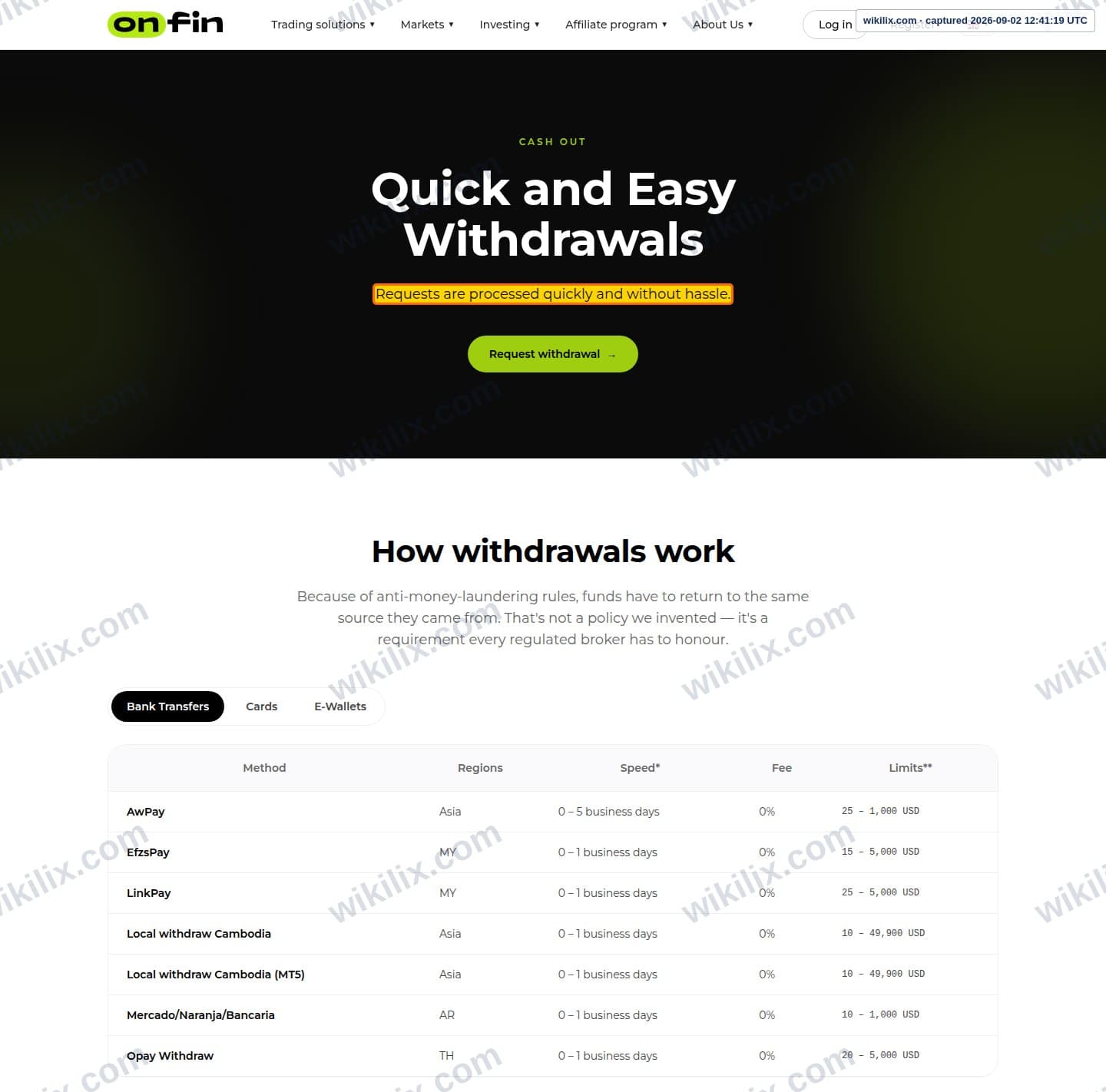 Our full page screenshot of the page that makes this promise, on OnFin's site onfin.io, taken on Sep 2, 2026. The quoted words are marked in the image.
