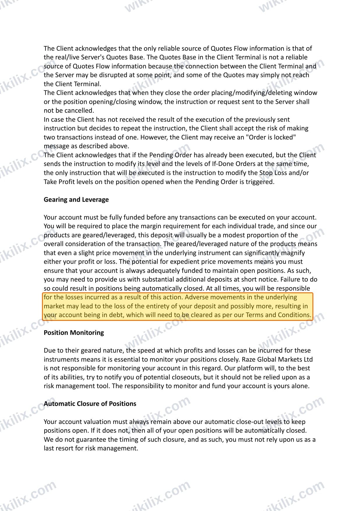 Our full page screenshot of the page this clause sits on, on Raze Markets's site cdn.prod.website-files.com, taken on Aug 24, 2026. The quoted words are marked in the image.