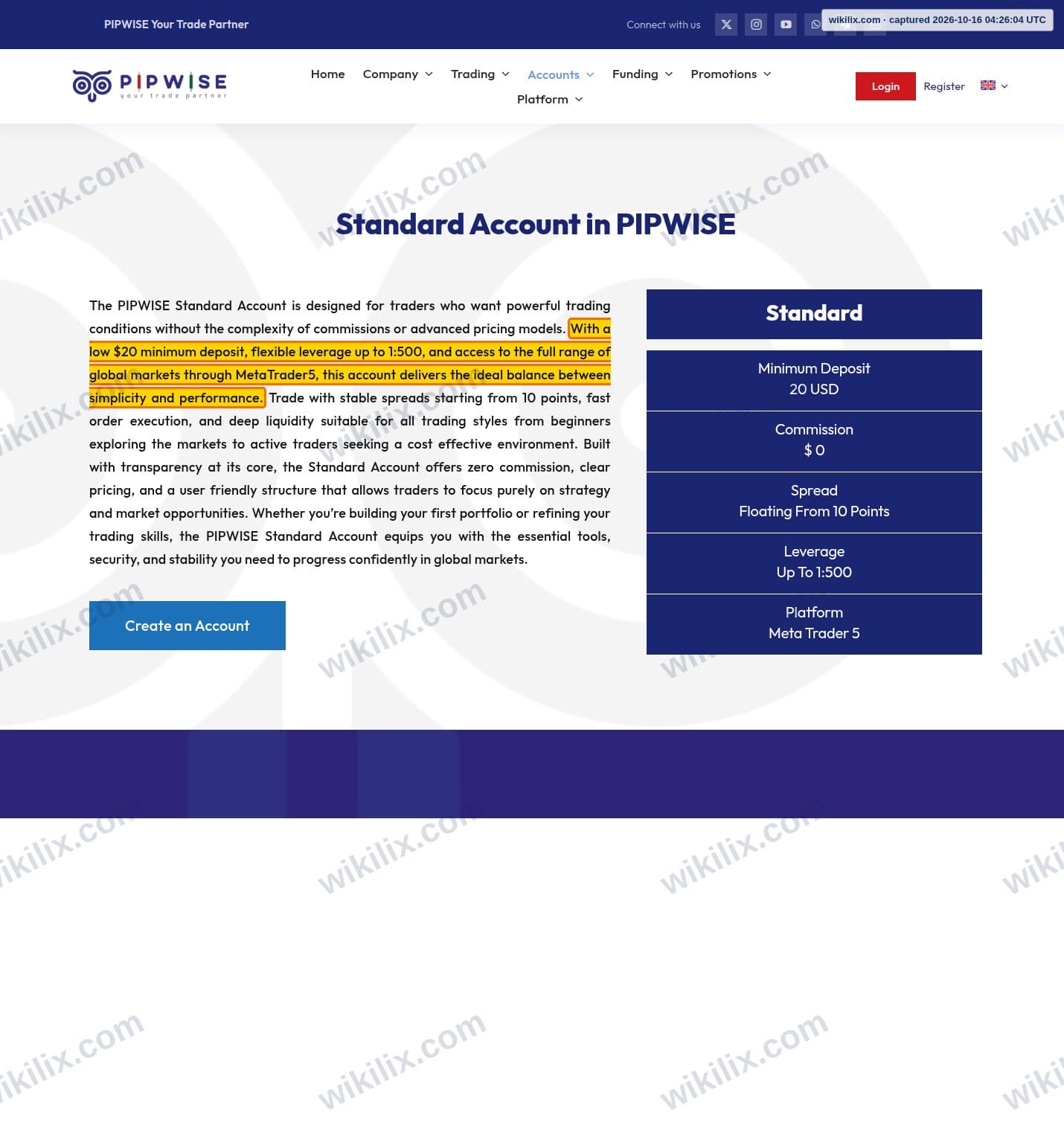 Our full page screenshot of the page that makes this promise, on PIPWISE's site pipwise.com, taken on Oct 16, 2026. The quoted words are marked in the image.