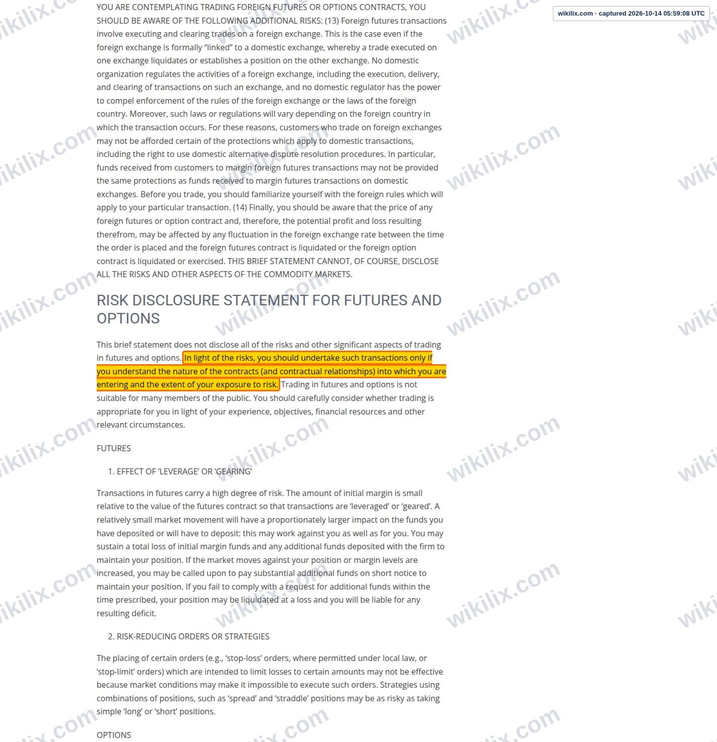 Our full page screenshot of the page this clause sits on, on Tradovate's site tradovate.com, taken on Oct 14, 2026. The quoted words are marked in the image.