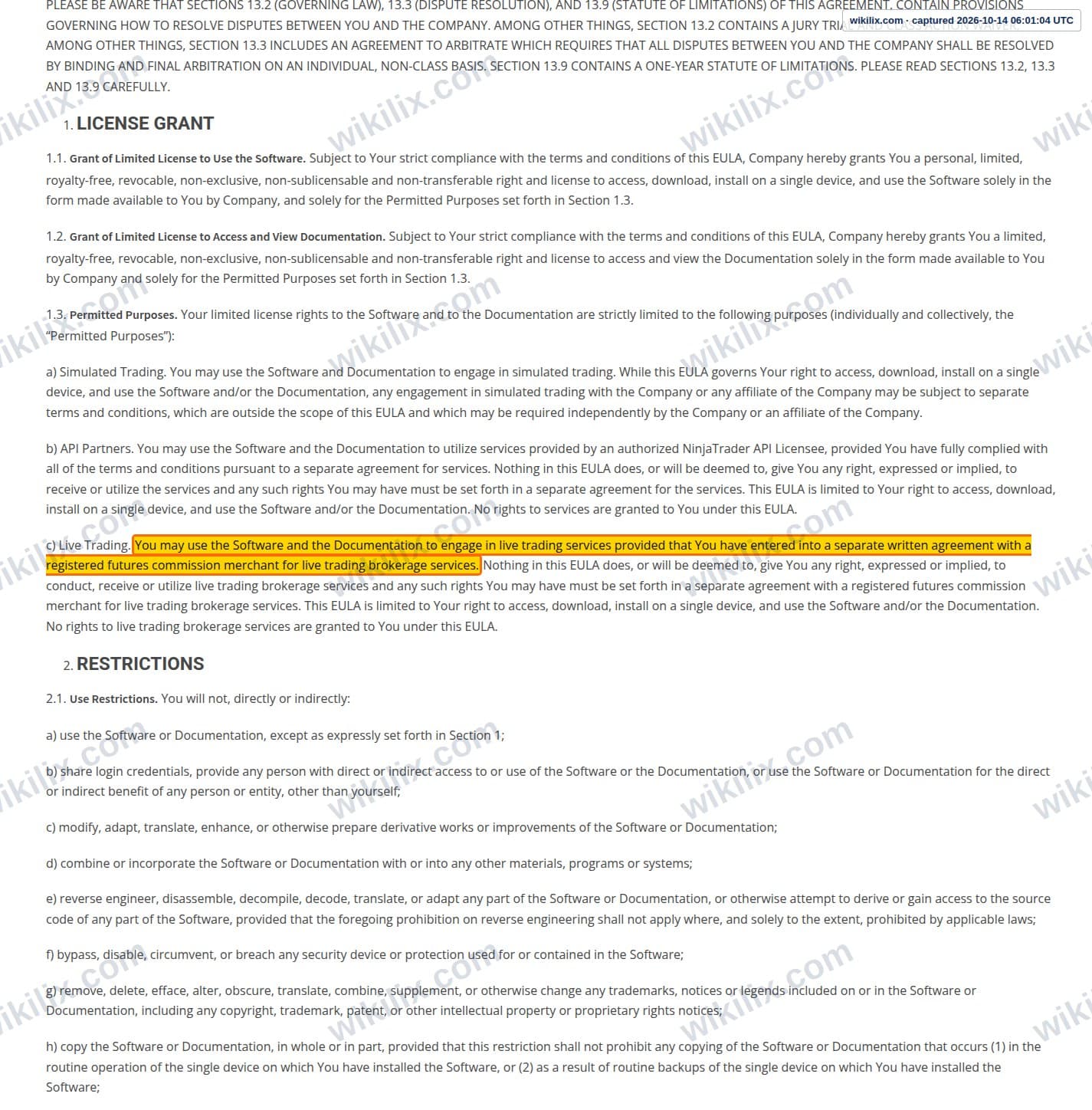 Our full page screenshot of the page this clause sits on, on Tradovate's site tradovate.com, taken on Oct 14, 2026. The quoted words are marked in the image.