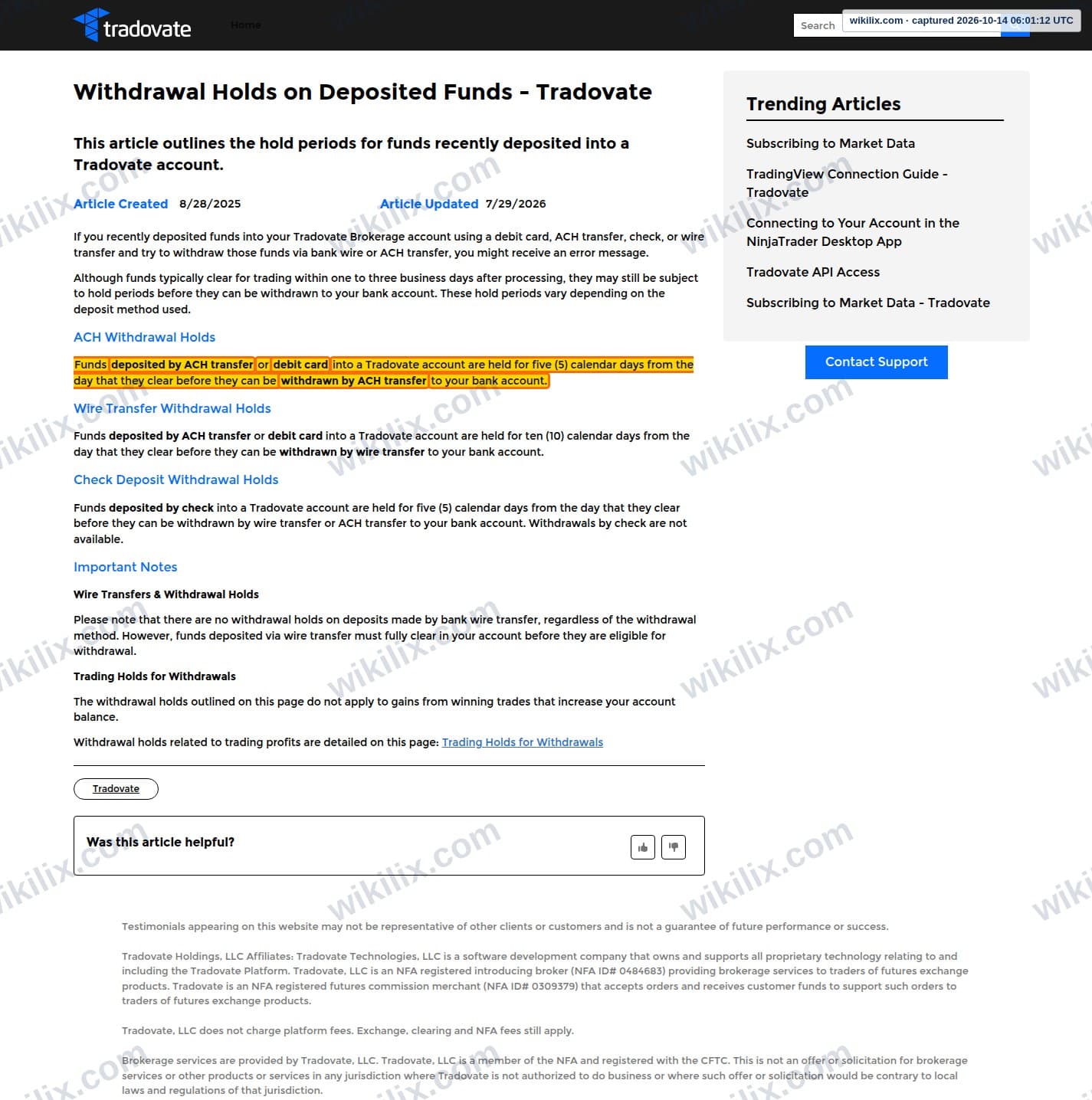 Our full page screenshot of the page this clause sits on, on Tradovate's site support.tradovate.com, taken on Oct 14, 2026. The quoted words are marked in the image.