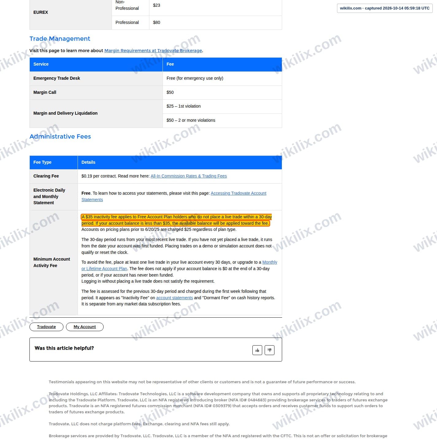 Our full page screenshot of the page this clause sits on, on Tradovate's site support.tradovate.com, taken on Oct 14, 2026. The quoted words are marked in the image.