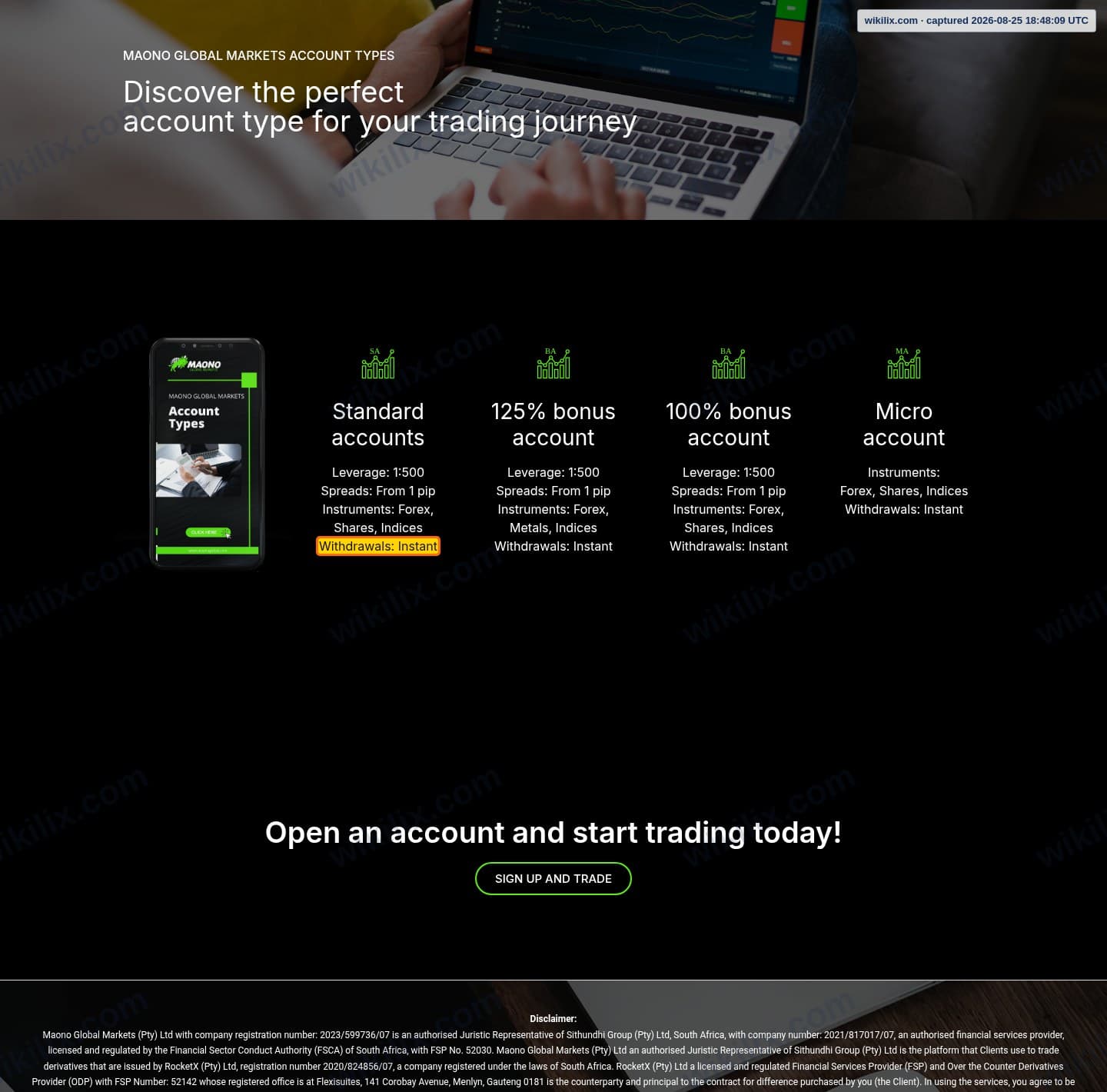 Our full page screenshot of the page that makes this promise, on MAONO GLOBAL MARKETS's site maonoglobalmarkets.com, taken on Aug 25, 2026. The quoted words are marked in the image.