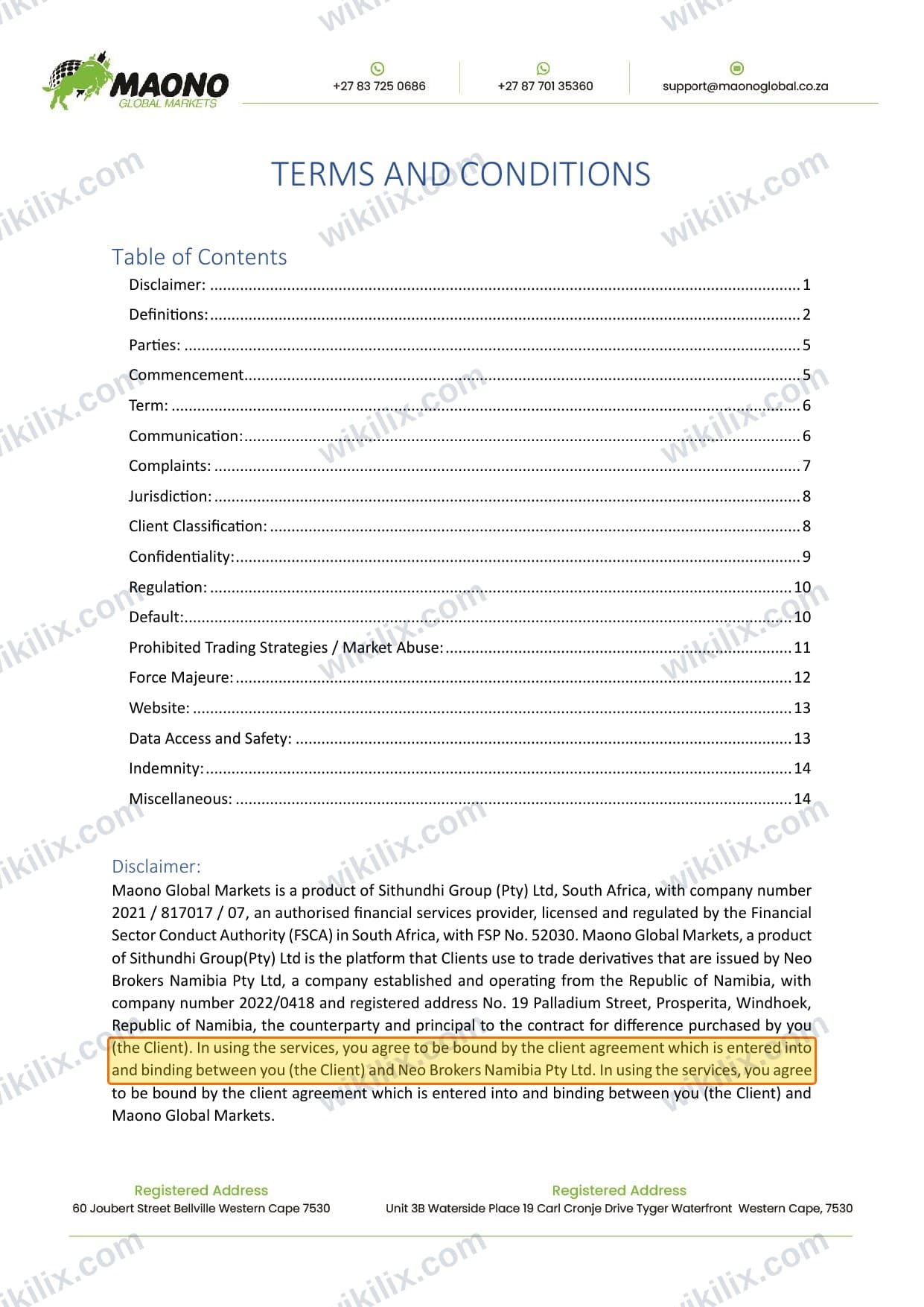 Our full page screenshot of the page this clause sits on, on MAONO GLOBAL MARKETS's site maonoglobalmarkets.com, taken on Aug 25, 2026. The quoted words are marked in the image.