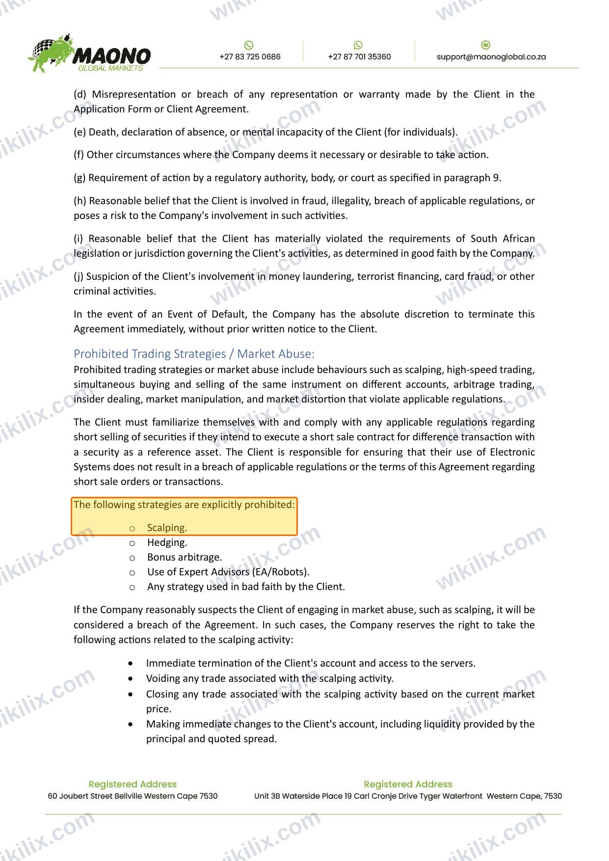 Our full page screenshot of the page this clause sits on, on MAONO GLOBAL MARKETS's site maonoglobalmarkets.com, taken on Aug 25, 2026. The quoted words are marked in the image.