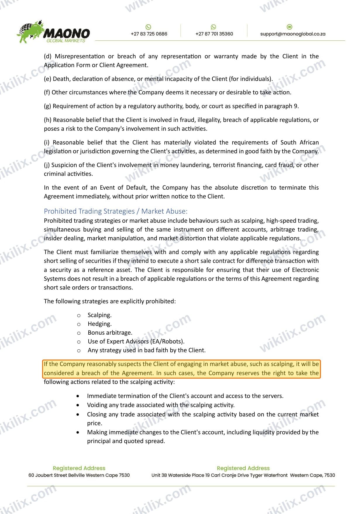 Our full page screenshot of the page this clause sits on, on MAONO GLOBAL MARKETS's site maonoglobalmarkets.com, taken on Aug 25, 2026. The quoted words are marked in the image.