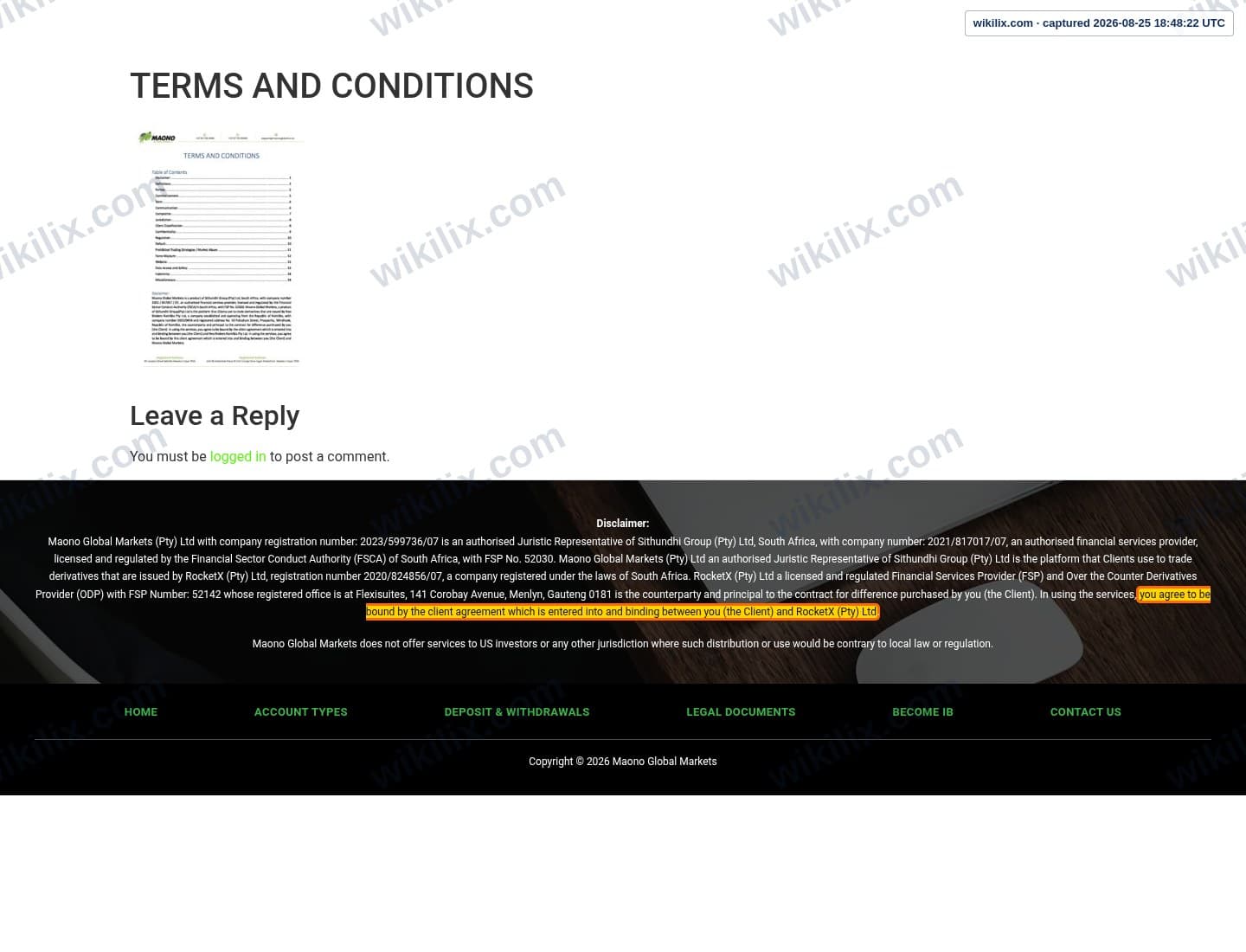 Our full page screenshot of the page that makes this promise, on MAONO GLOBAL MARKETS's site maonoglobalmarkets.com, taken on Aug 25, 2026. The quoted words are marked in the image.
