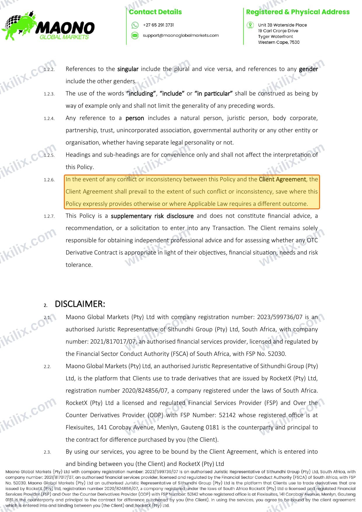 Our full page screenshot of the page this clause sits on, on MAONO GLOBAL MARKETS's site maonoglobalmarkets.com, taken on Aug 25, 2026. The quoted words are marked in the image.