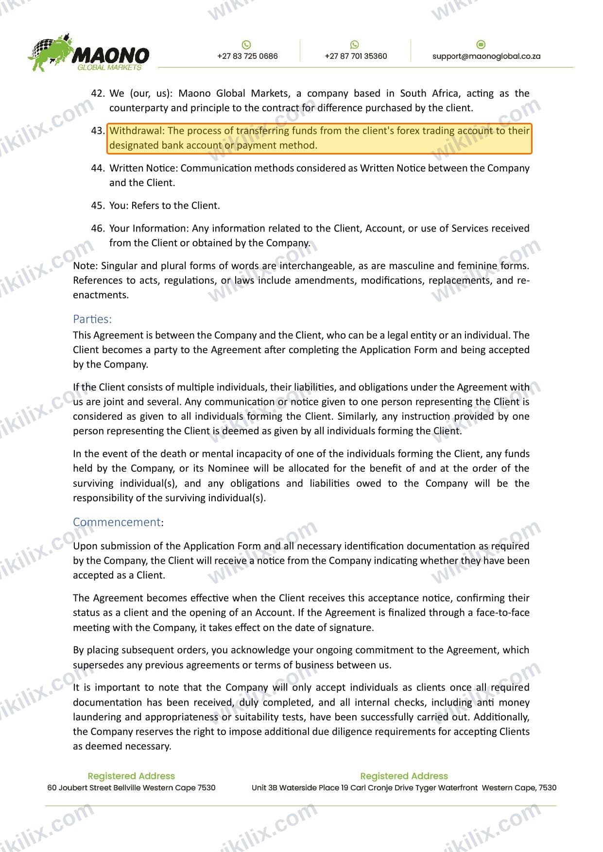 Our full page screenshot of the page this clause sits on, on MAONO GLOBAL MARKETS's site maonoglobalmarkets.com, taken on Aug 25, 2026. The quoted words are marked in the image.