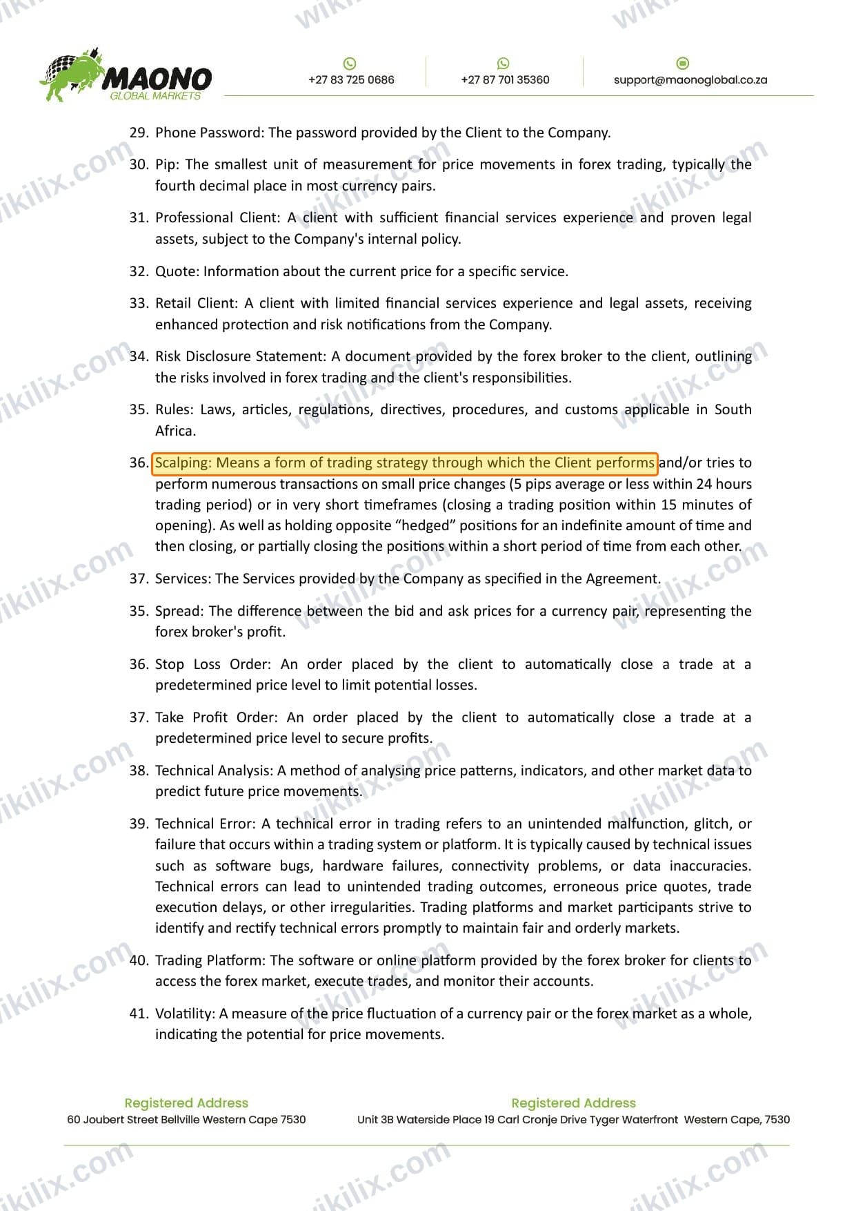 Our full page screenshot of the page this clause sits on, on MAONO GLOBAL MARKETS's site maonoglobalmarkets.com, taken on Aug 25, 2026. The quoted words are marked in the image.