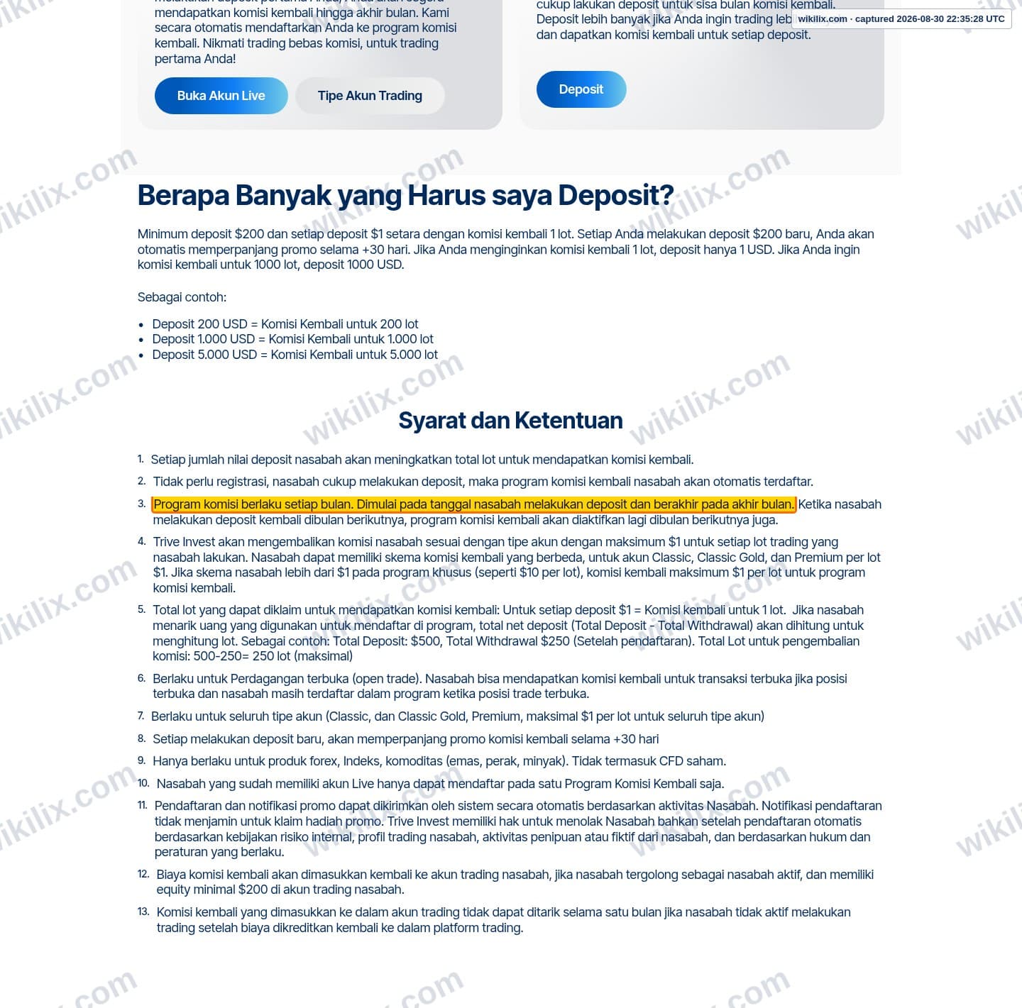 Our full page screenshot of the page this clause sits on, on trive invest's site triveinvest.co.id, taken on Aug 30, 2026. The quoted words are marked in the image.