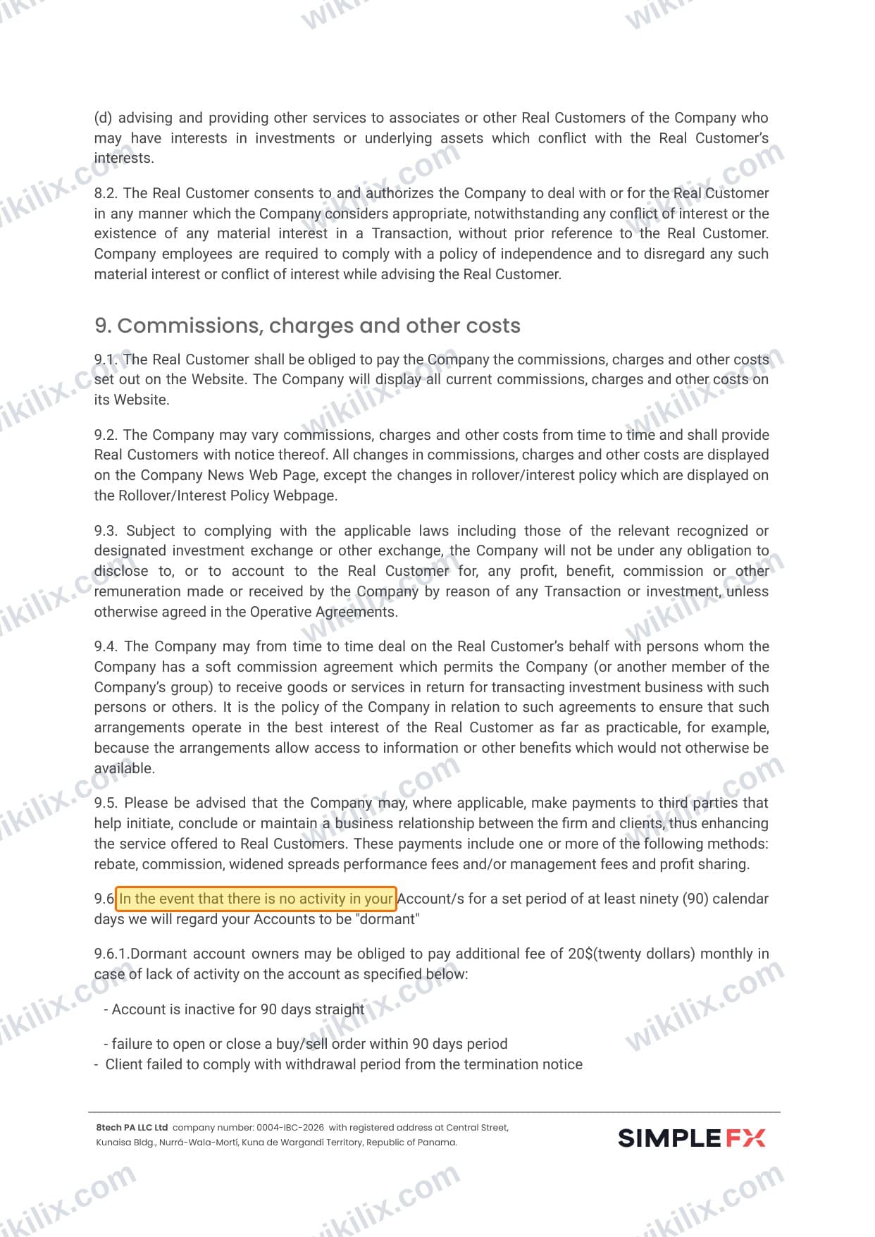 Our full page screenshot of the page this clause sits on, on SIMPLEFX's site simplefx.com, taken on Aug 24, 2026. The quoted words are marked in the image.