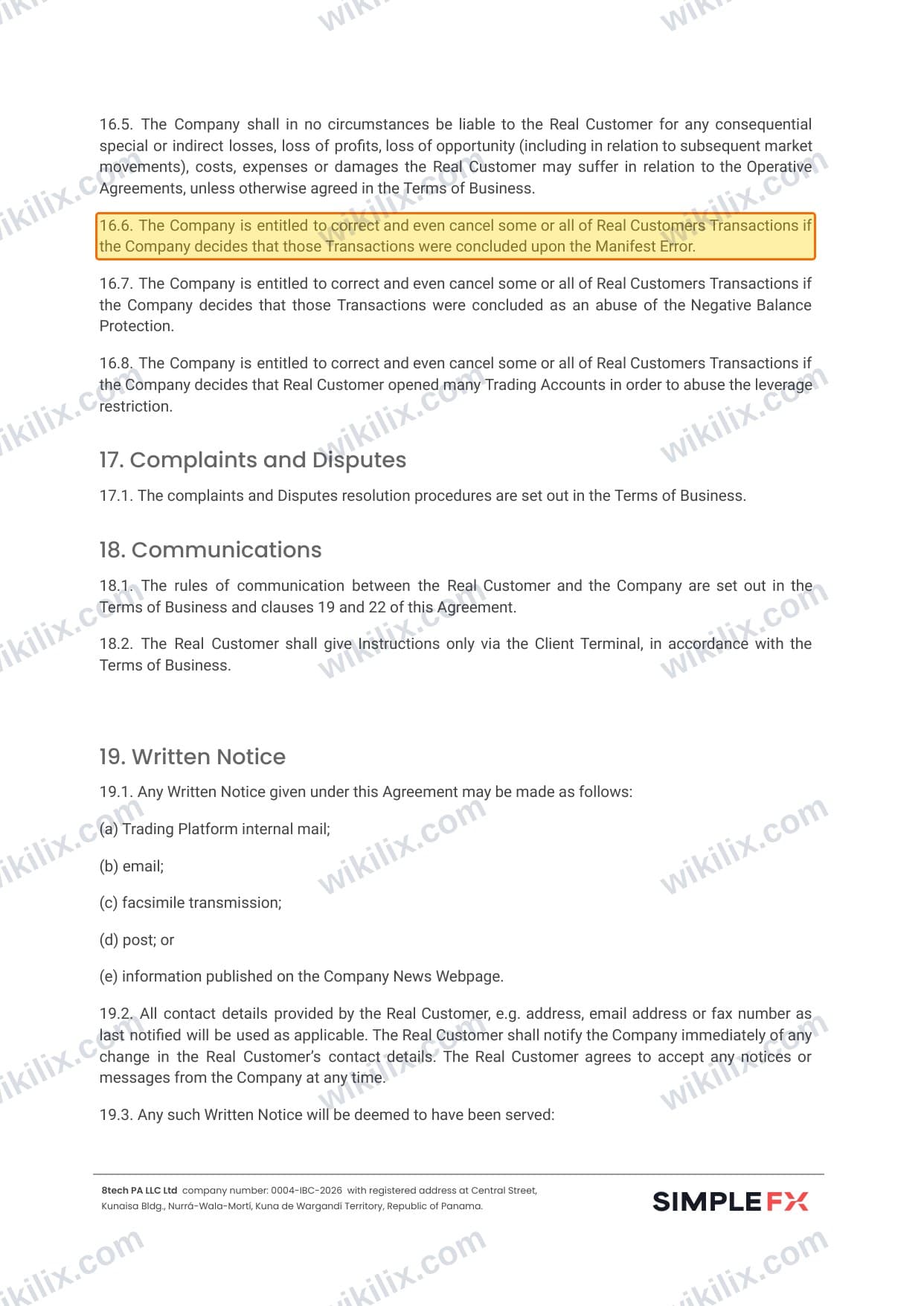 Our full page screenshot of the page this clause sits on, on SIMPLEFX's site simplefx.com, taken on Aug 24, 2026. The quoted words are marked in the image.