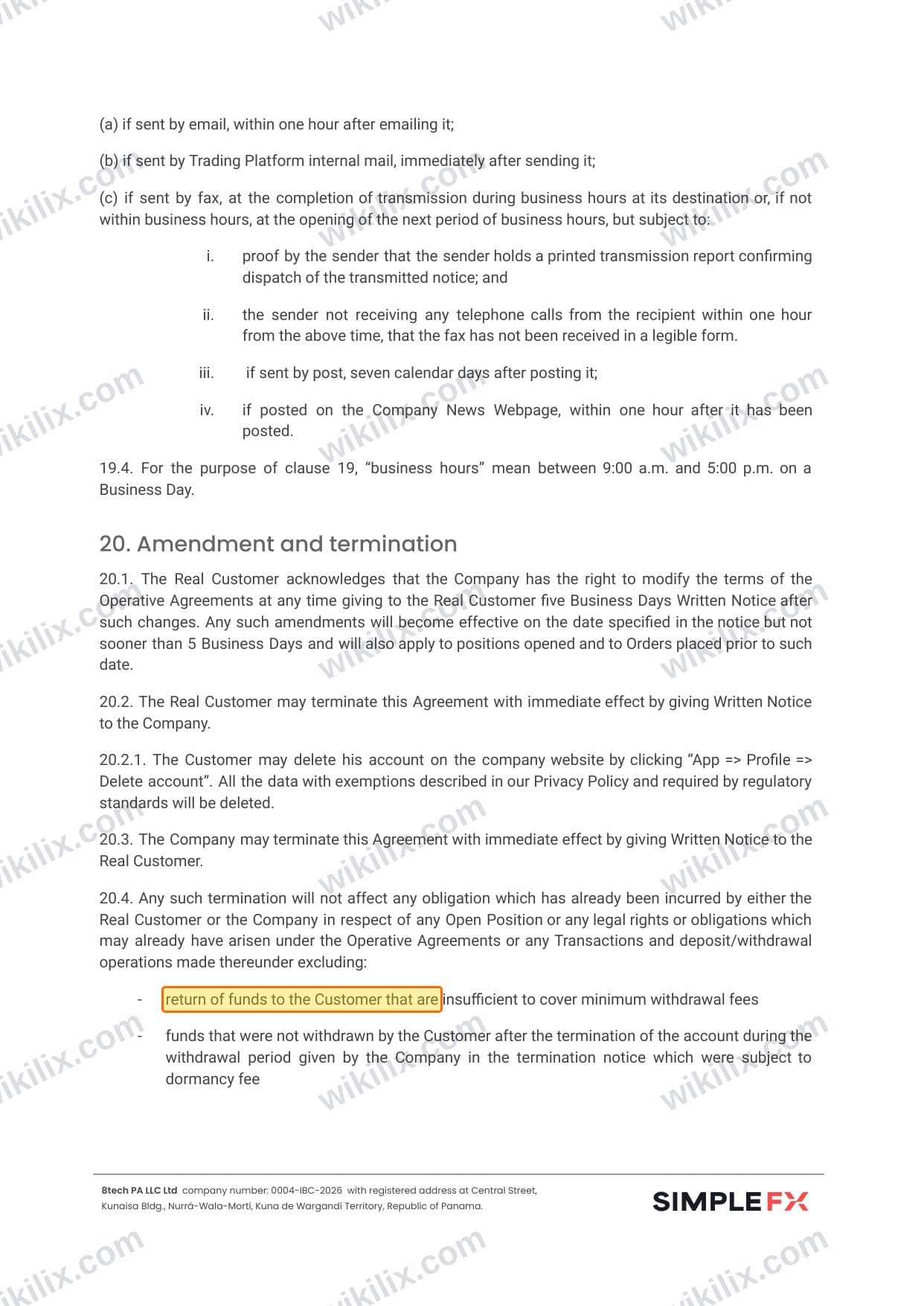 Our full page screenshot of the page this clause sits on, on SIMPLEFX's site simplefx.com, taken on Aug 24, 2026. The quoted words are marked in the image.