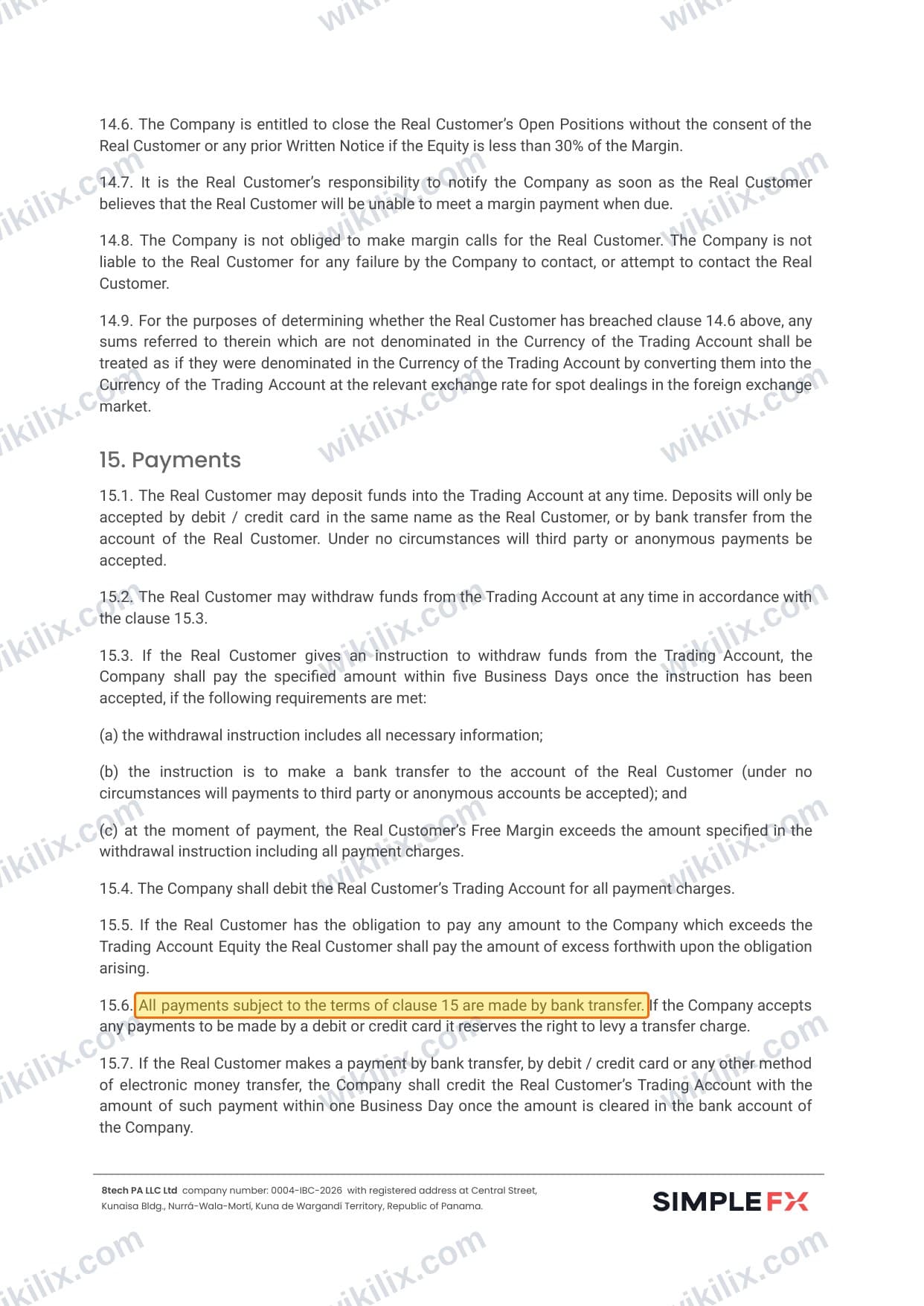 Our full page screenshot of the page this clause sits on, on SIMPLEFX's site simplefx.com, taken on Aug 24, 2026. The quoted words are marked in the image.