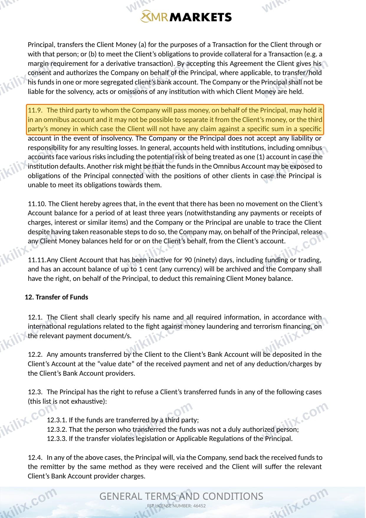 Our full page screenshot of the page this clause sits on, on XMR MARKETS's site xmrmarkets.com, taken on Aug 28, 2026. The quoted words are marked in the image.