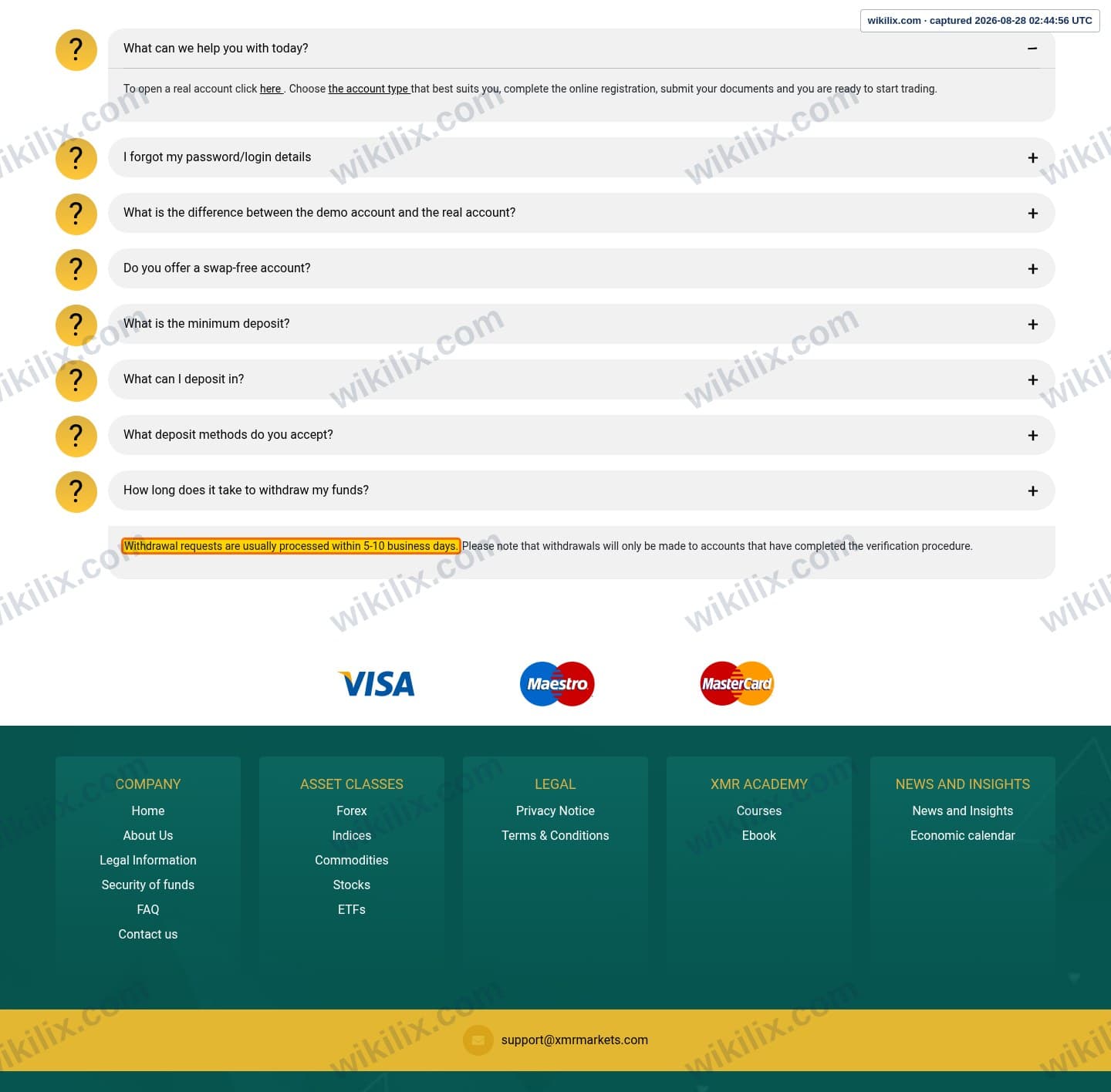 Our full page screenshot of the page that makes this promise, on XMR MARKETS's site xmrmarkets.com, taken on Aug 28, 2026. The quoted words are marked in the image.