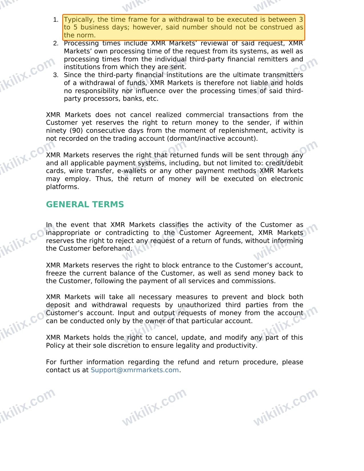 Our full page screenshot of the page this clause sits on, on XMR MARKETS's site xmrmarkets.com, taken on Aug 28, 2026. The quoted words are marked in the image.
