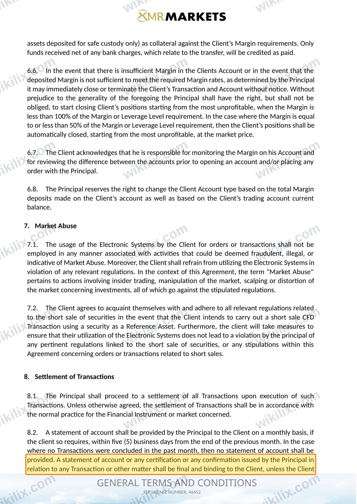 Our full page screenshot of the page this clause sits on, on XMR MARKETS's site xmrmarkets.com, taken on Aug 28, 2026. The quoted words are marked in the image.