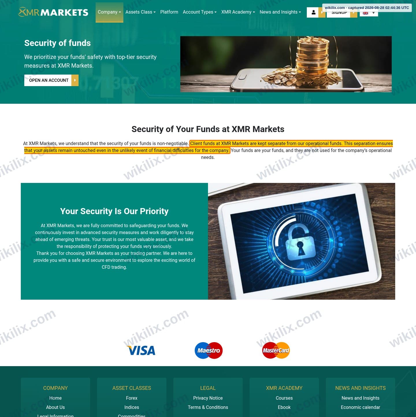 Our full page screenshot of the page that makes this promise, on XMR MARKETS's site xmrmarkets.com, taken on Aug 28, 2026. The quoted words are marked in the image.