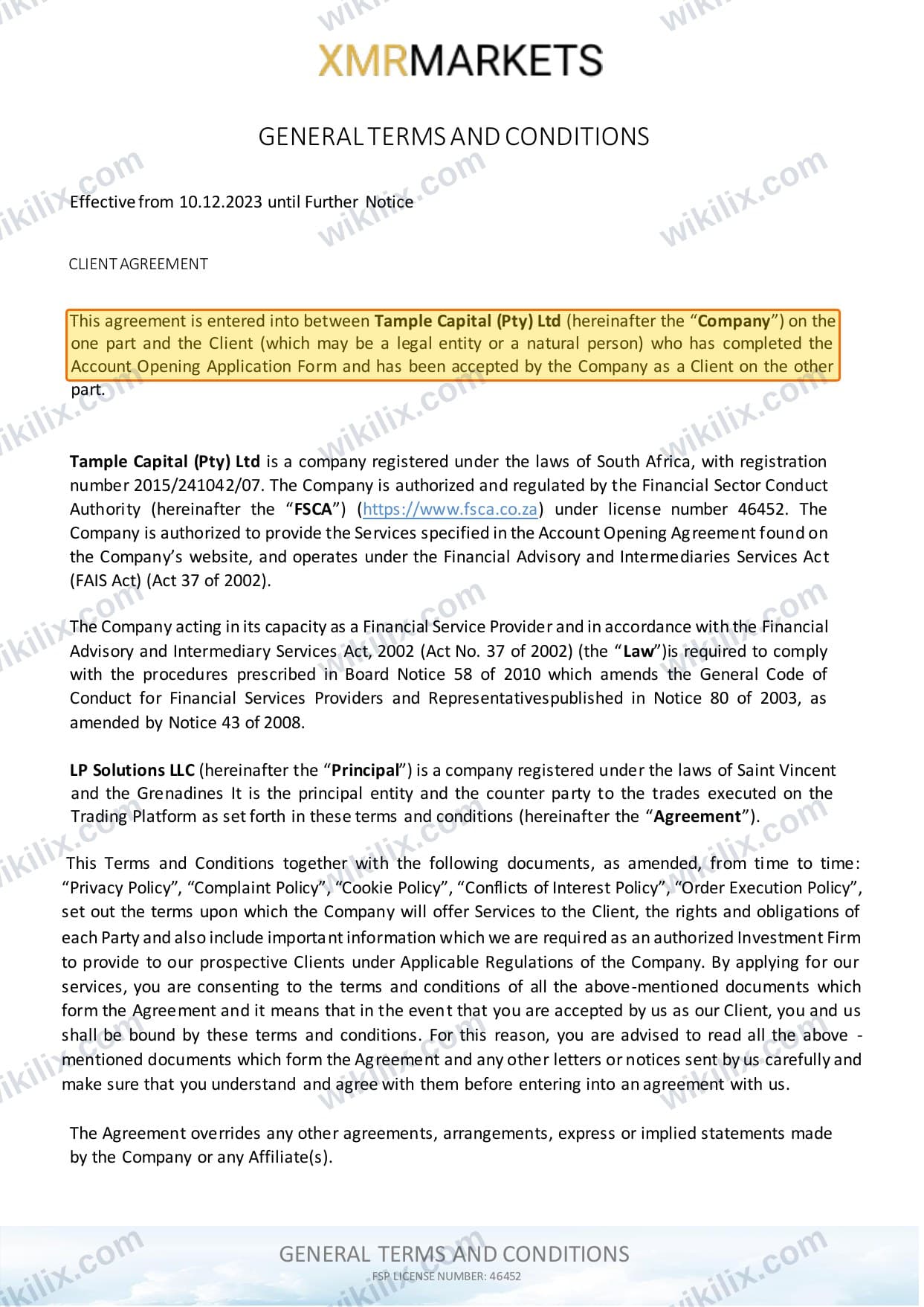 Our full page screenshot of the page this clause sits on, on XMR MARKETS's site xmrmarkets.com, taken on Aug 28, 2026. The quoted words are marked in the image.