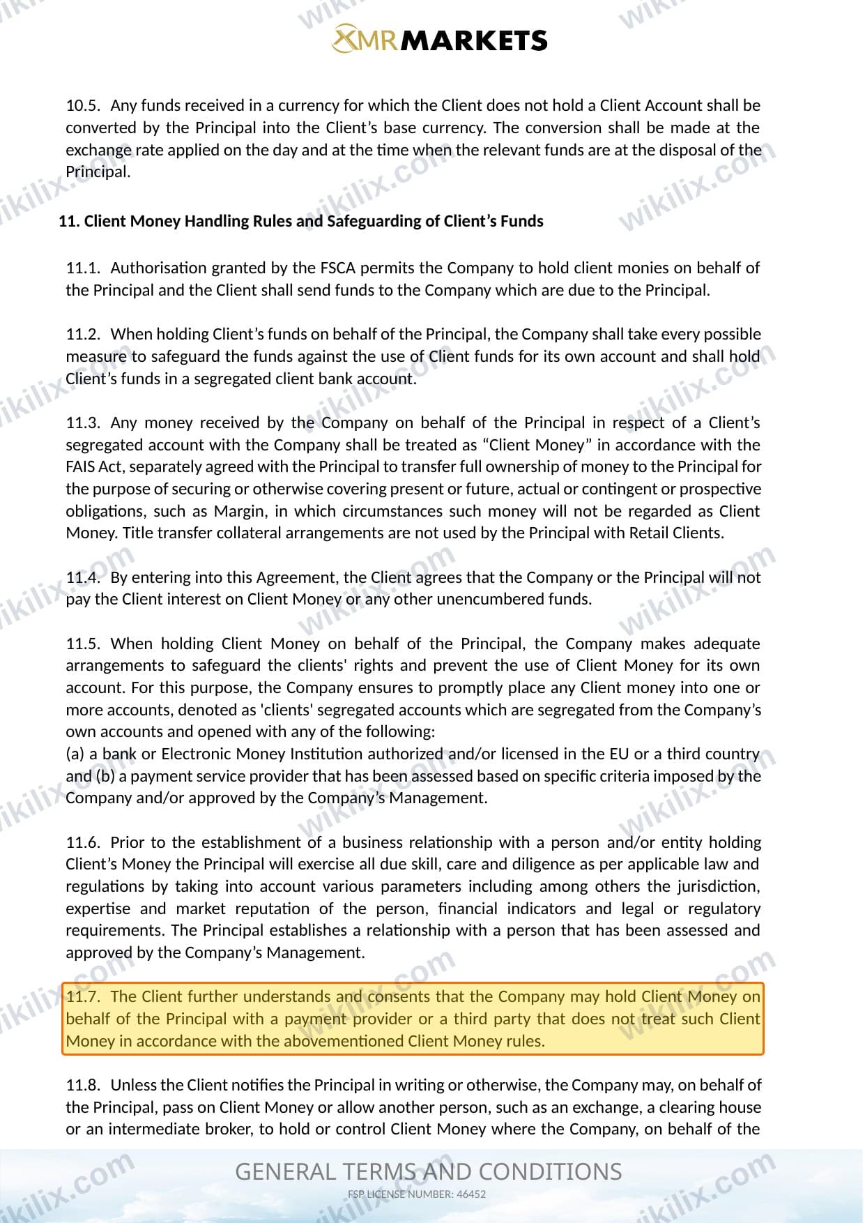 Our full page screenshot of the page this clause sits on, on XMR MARKETS's site xmrmarkets.com, taken on Aug 28, 2026. The quoted words are marked in the image.