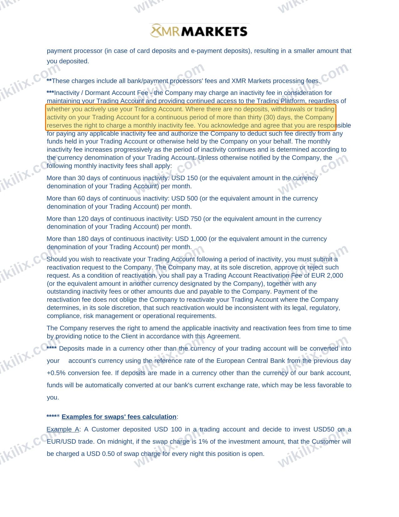 Our full page screenshot of the page this clause sits on, on XMR MARKETS's site xmrmarkets.com, taken on Aug 28, 2026. The quoted words are marked in the image.