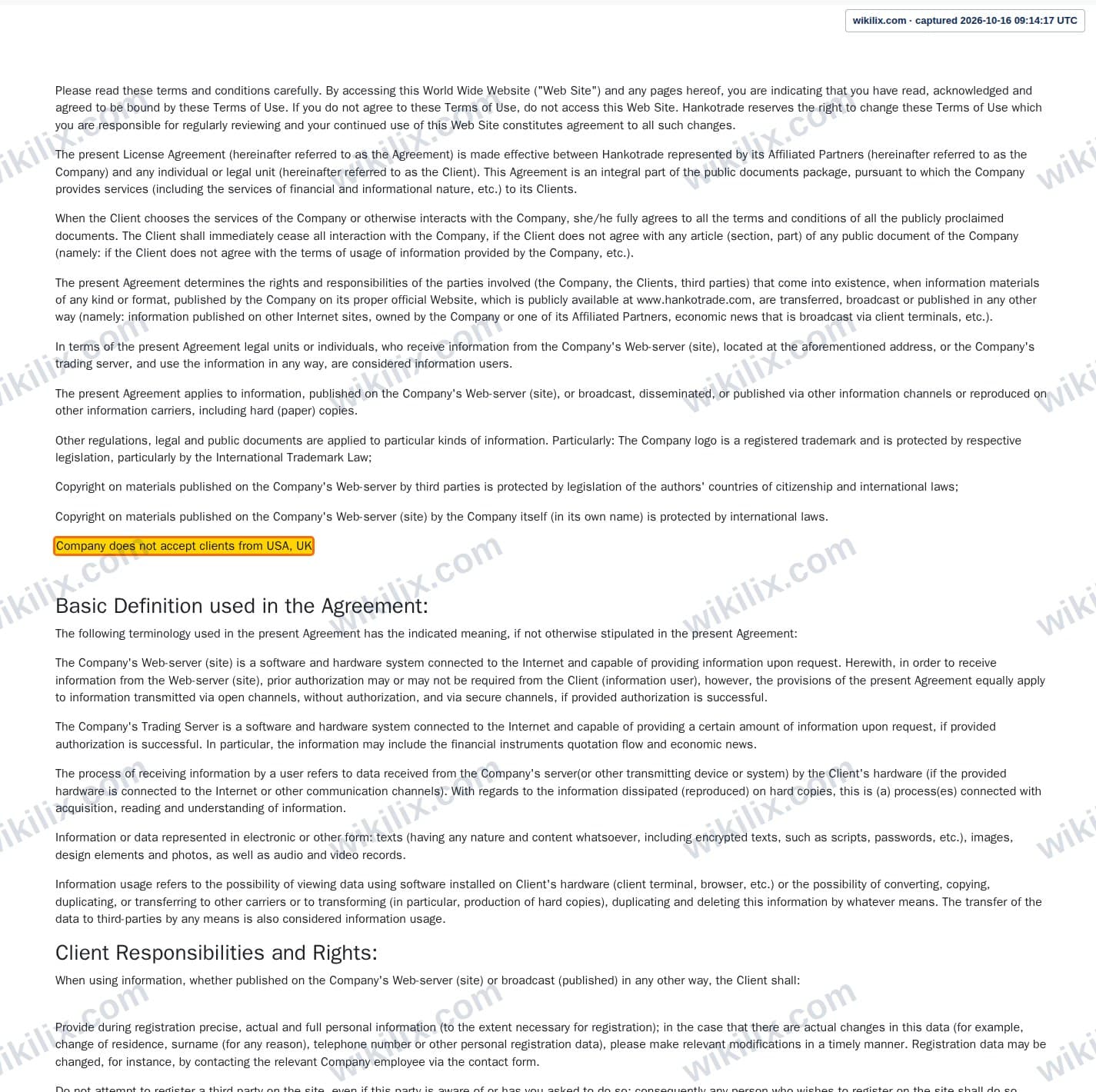 Our full page screenshot of the page this clause sits on, on Hankotrade's site hankotrade.com, taken on Oct 16, 2026. The quoted words are marked in the image.